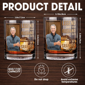 Legend Husband Dad Grandpa Custom Photo And Gold Text Design - Personalized Custom Whiskey Glass - DAD441_RWG