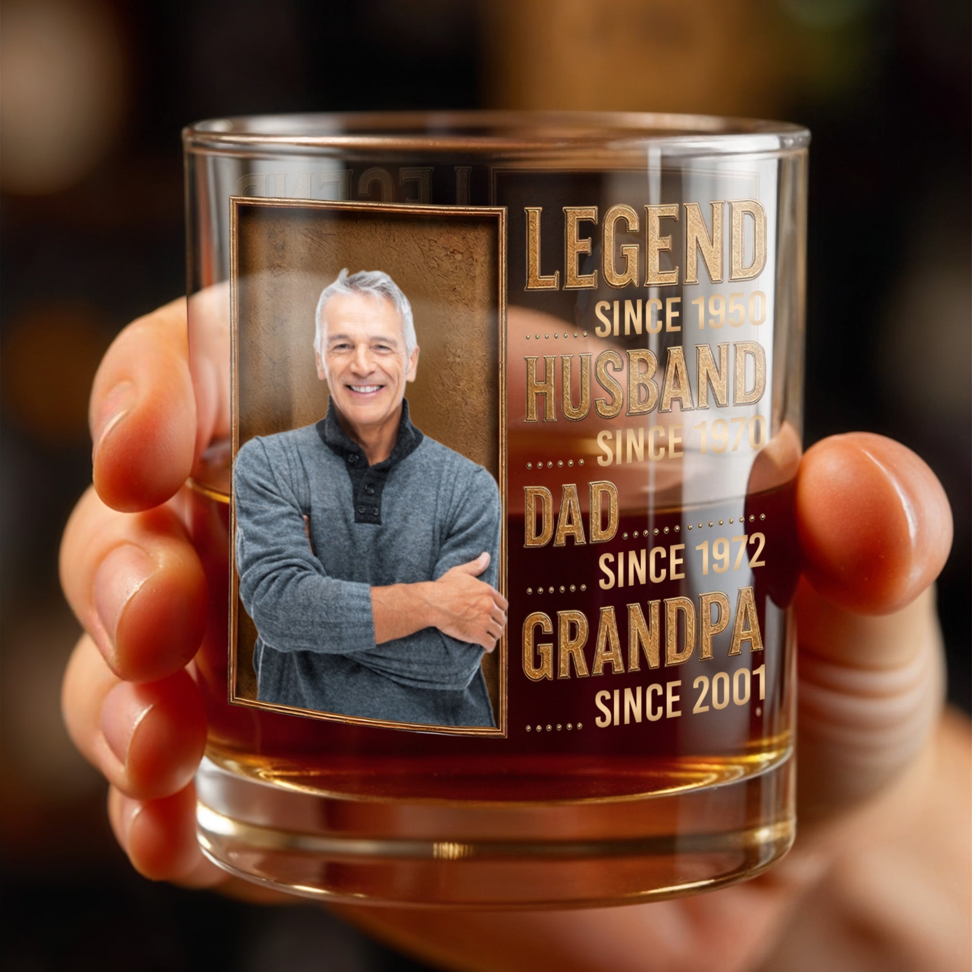Legend Husband Dad Grandpa Custom Photo And Gold Text Design - Personalized Custom Whiskey Glass - DAD441_RWG