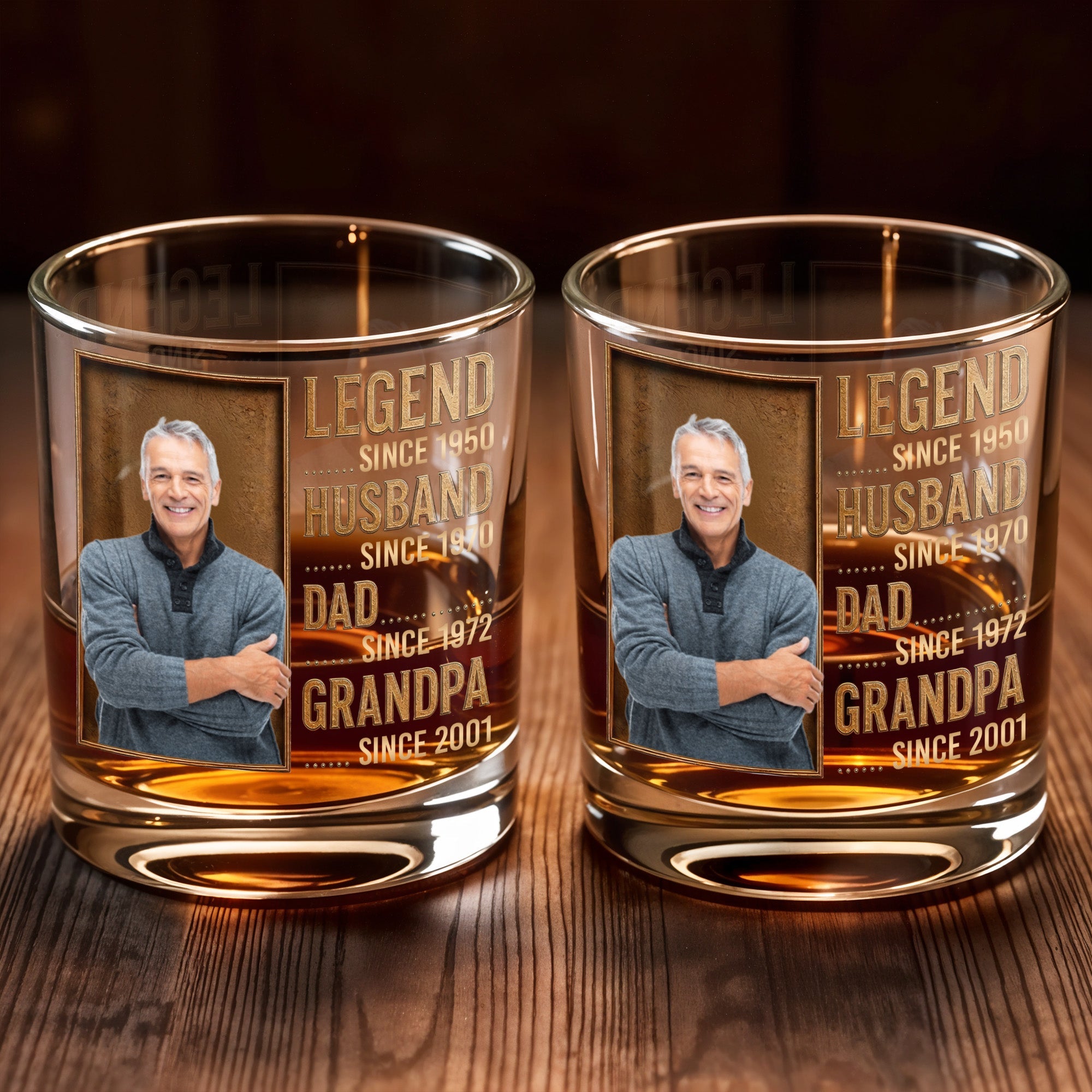 Legend Husband Dad Grandpa Custom Photo And Gold Text Design - Personalized Custom Whiskey Glass - DAD441_RWG