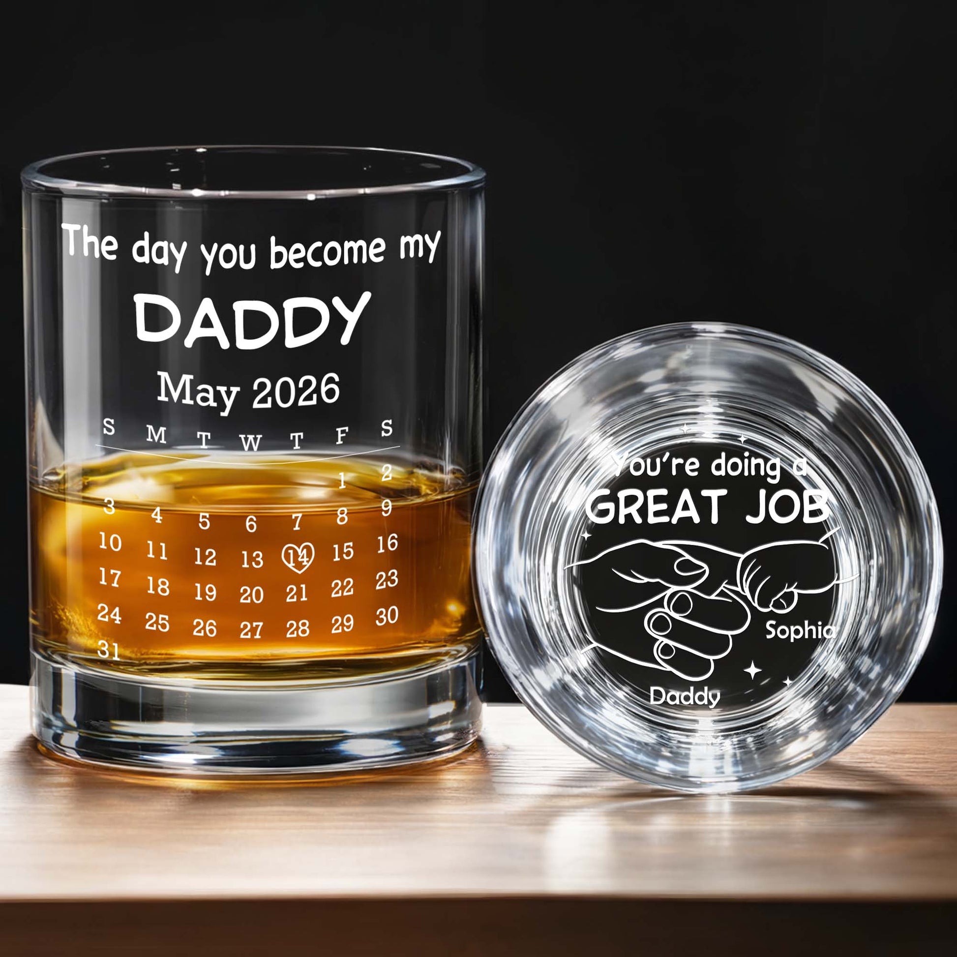 The Day You Become My Daddy Calendar And Holding Hands - Personalized Whiskey Glass - DAD483_PRIWI