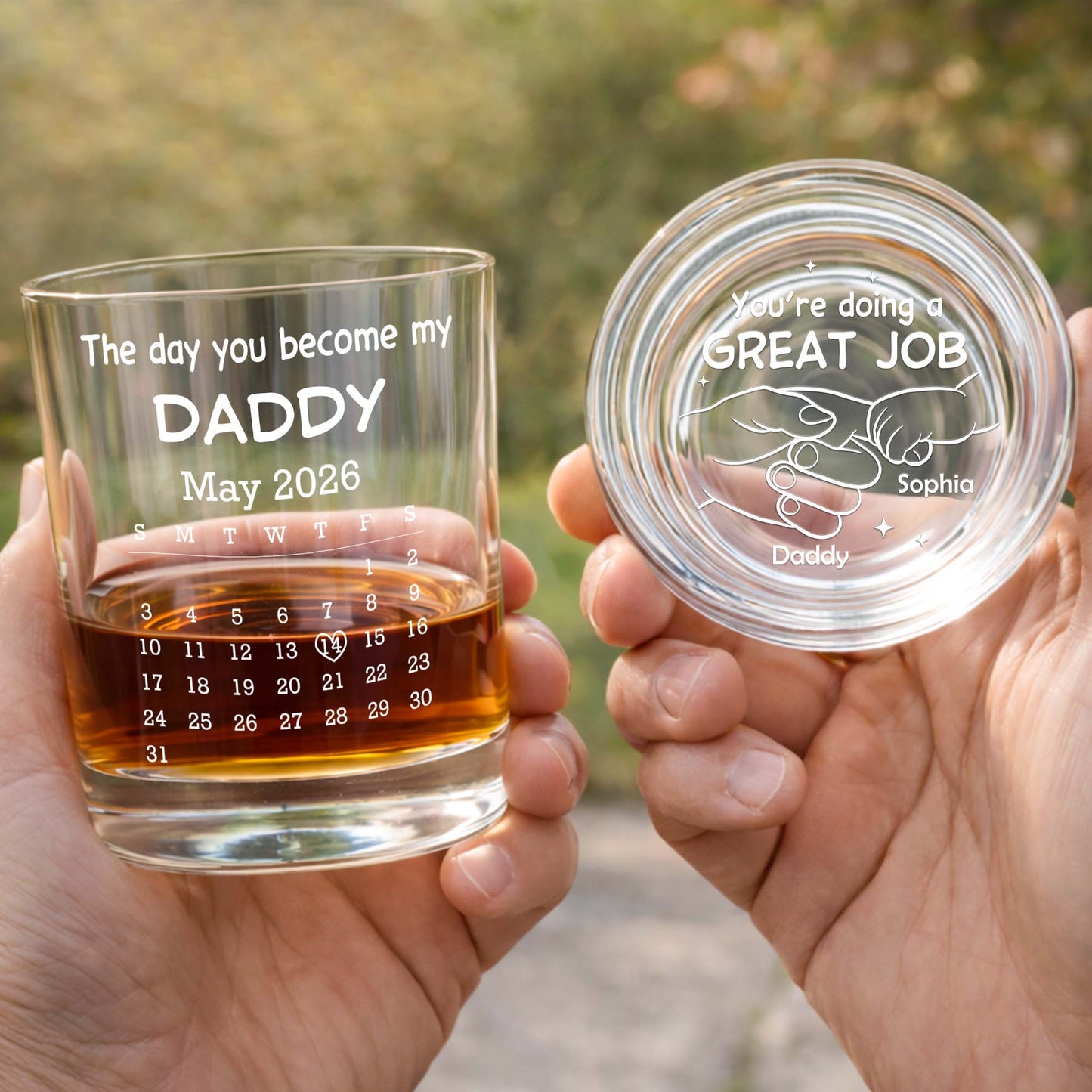 The Day You Become My Daddy Calendar And Holding Hands - Personalized Whiskey Glass - DAD483_PRIWI