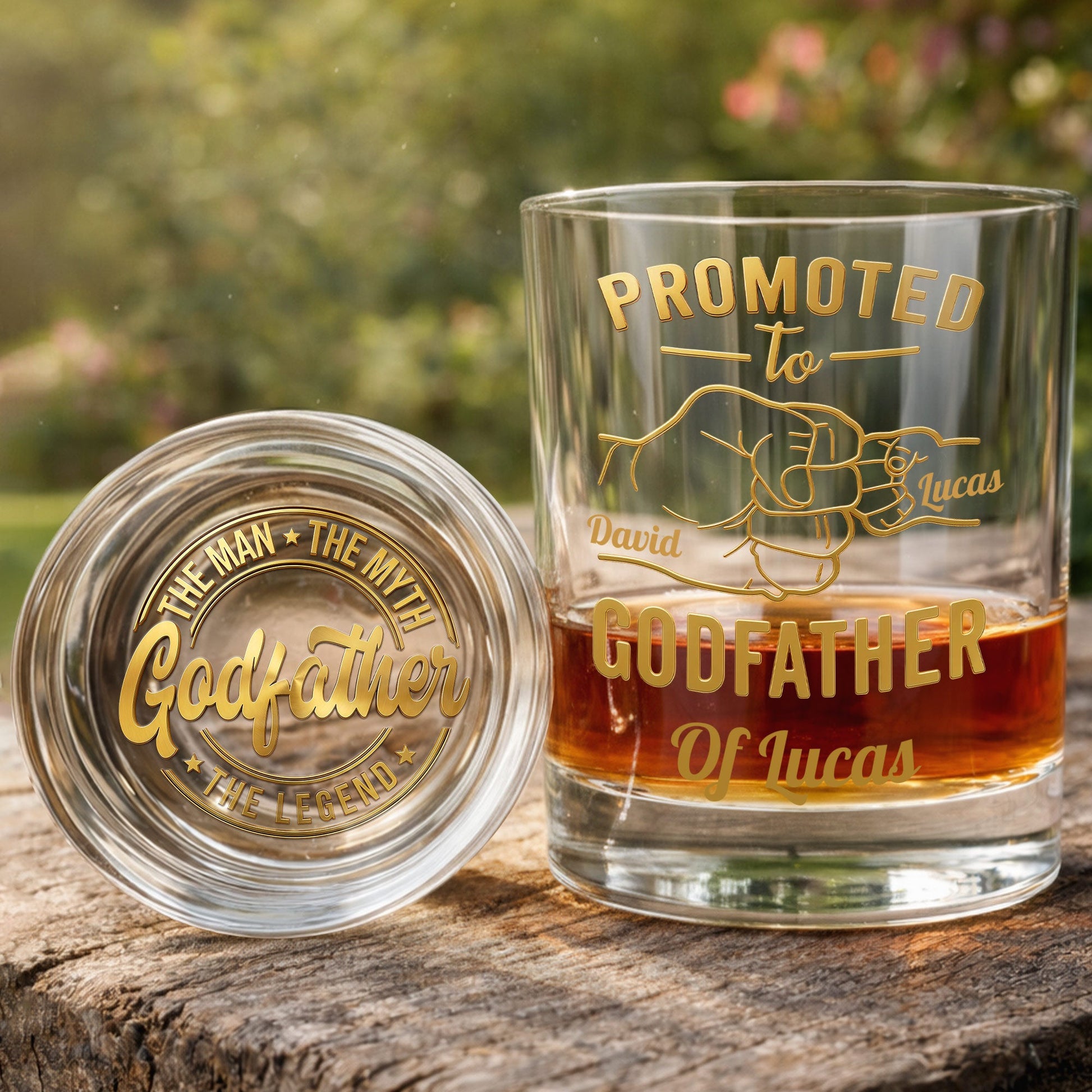 Promoted To Godfather The Man The Myth The Legend Fist Bump - Personalized Whiskey Glass - DAD499_PRIWI