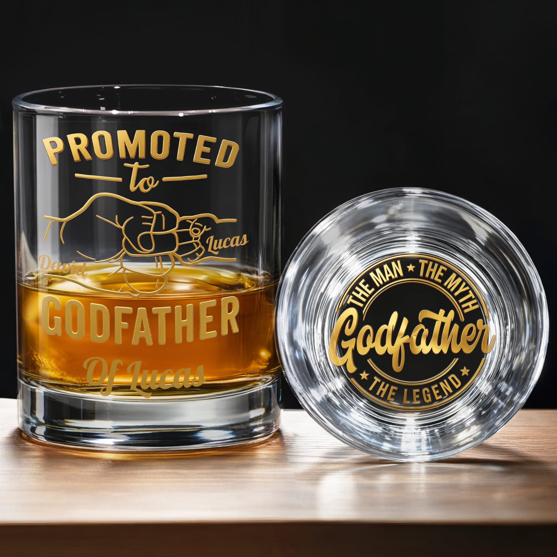 Promoted To Godfather The Man The Myth The Legend Fist Bump - Personalized Whiskey Glass - DAD499_PRIWI