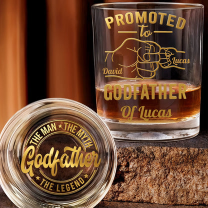 Promoted To Godfather The Man The Myth The Legend Fist Bump - Personalized Whiskey Glass - DAD499_PRIWI