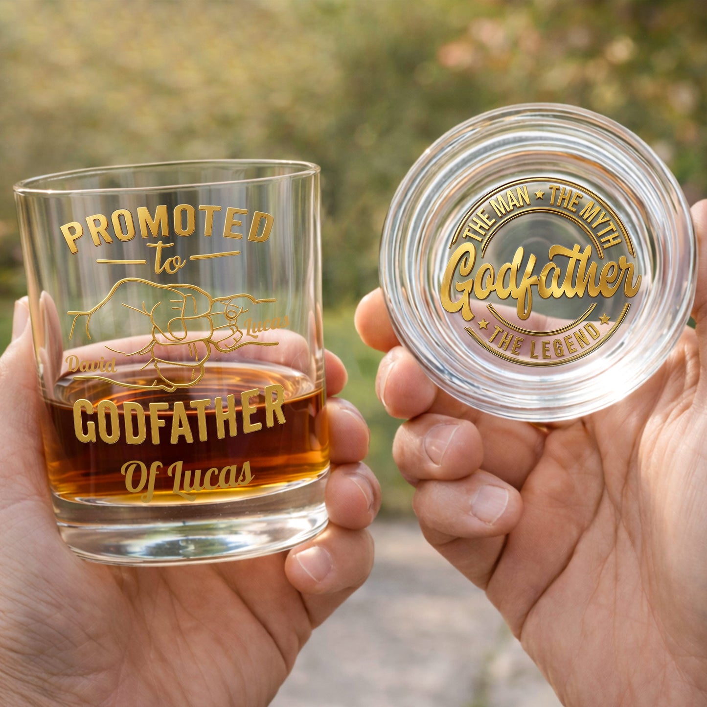 Promoted To Godfather The Man The Myth The Legend Fist Bump - Personalized Whiskey Glass - DAD499_PRIWI