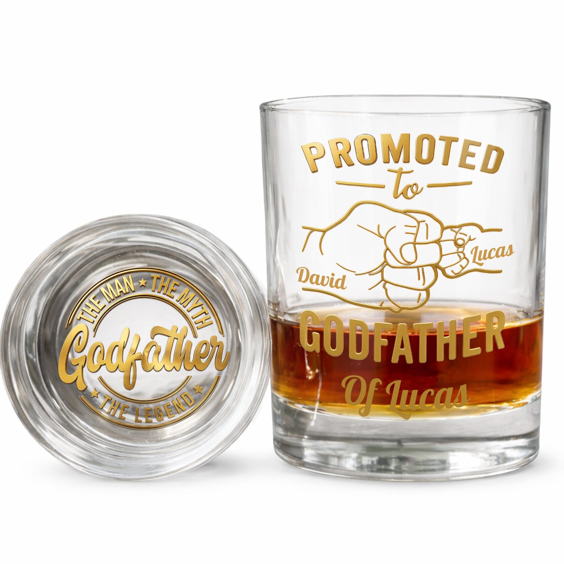 Promoted To Godfather The Man The Myth The Legend Fist Bump - Personalized Whiskey Glass - DAD499_PRIWI