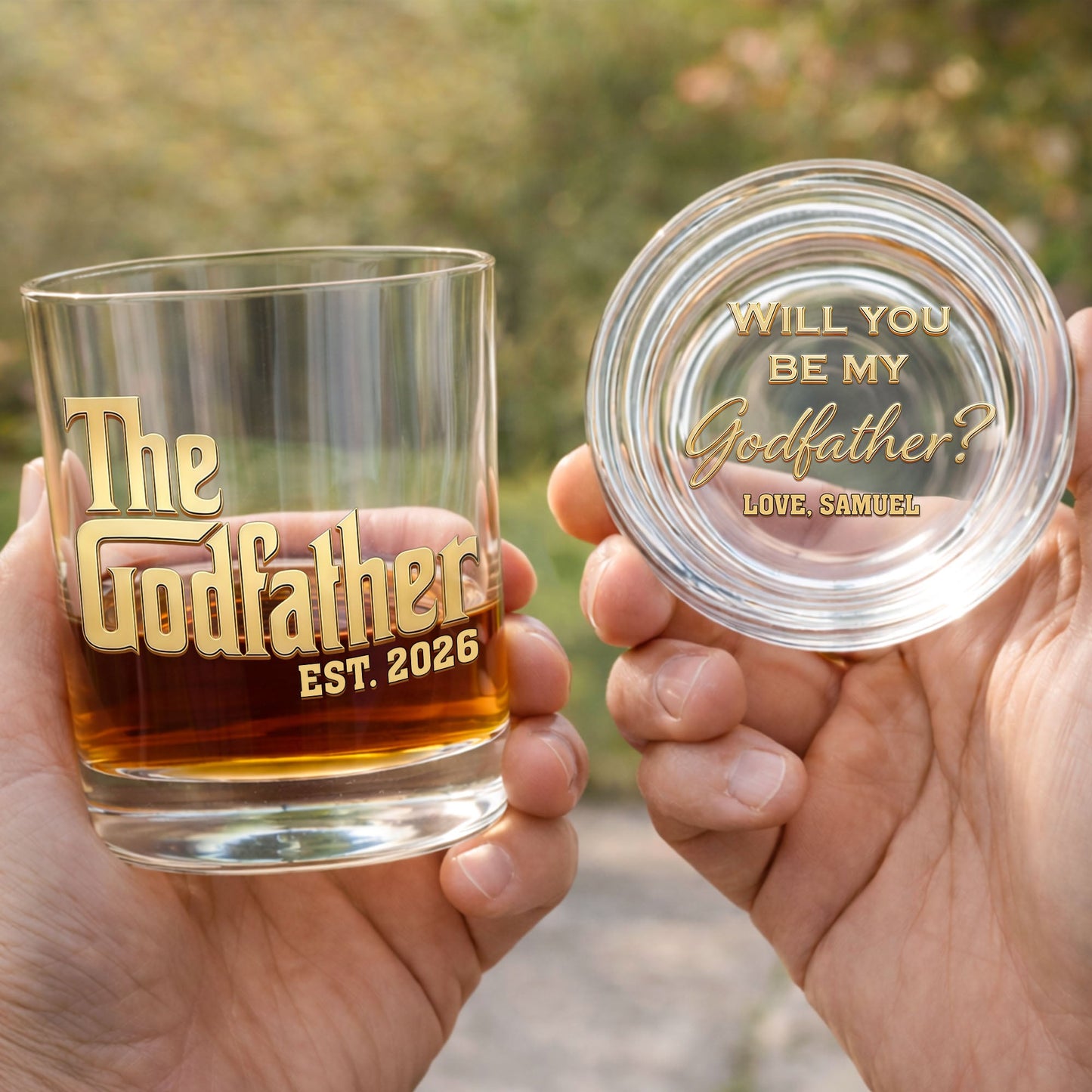 Will You Be My Godfather The Godfather Custom Golden Lettering - Personalized Whiskey Glass - DAD500_PRIWI