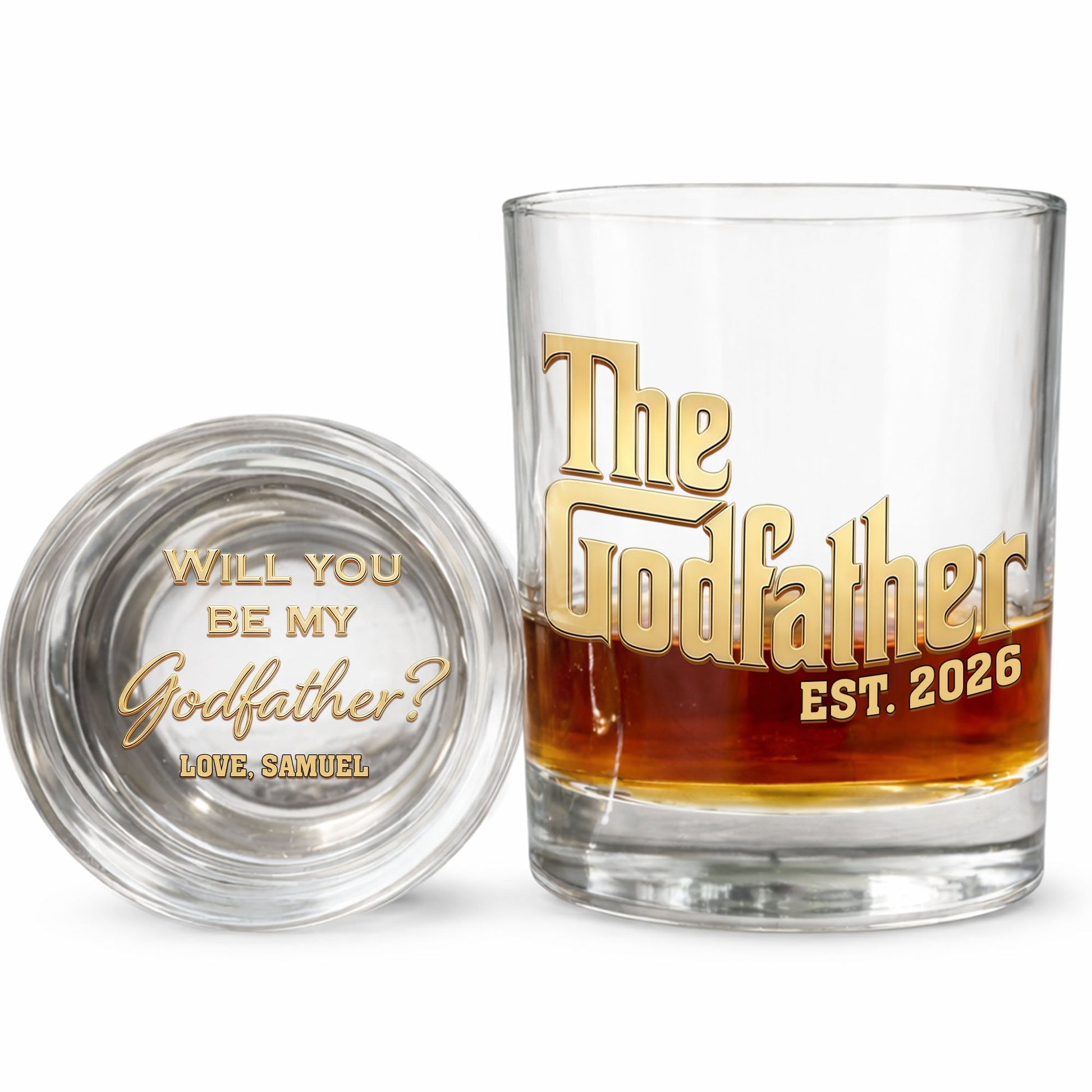 Will You Be My Godfather The Godfather Custom Golden Lettering - Personalized Whiskey Glass - DAD500_PRIWI