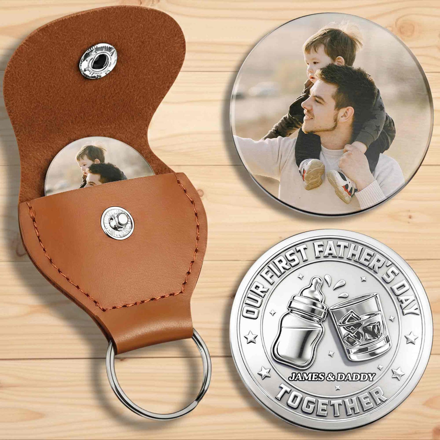 Our First Father's Day Together With Baby Bottle and Glass - Personalized Custom Pocket Hug - DAD521_HTOK