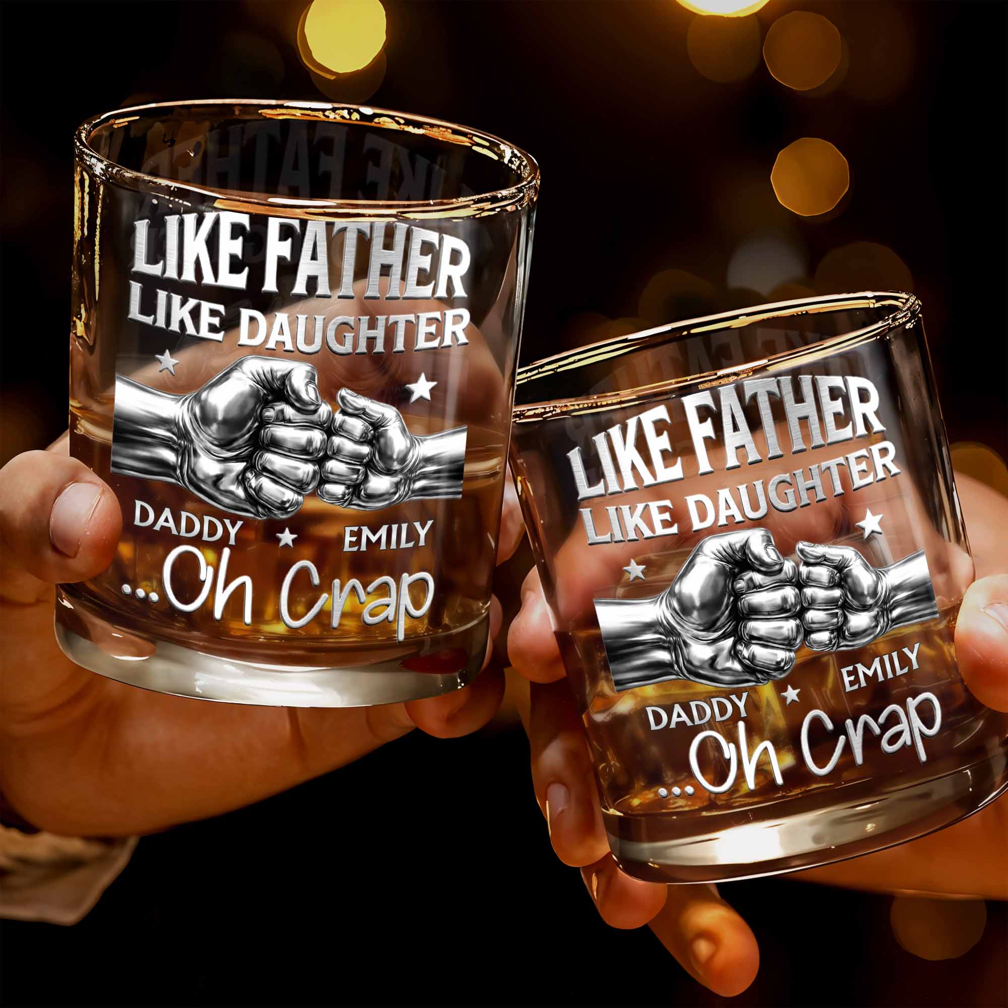 Like Father Like Daughter Oh Crap Fist Bump Design - Personalized Custom Whiskey Glass - DAD545_RWG