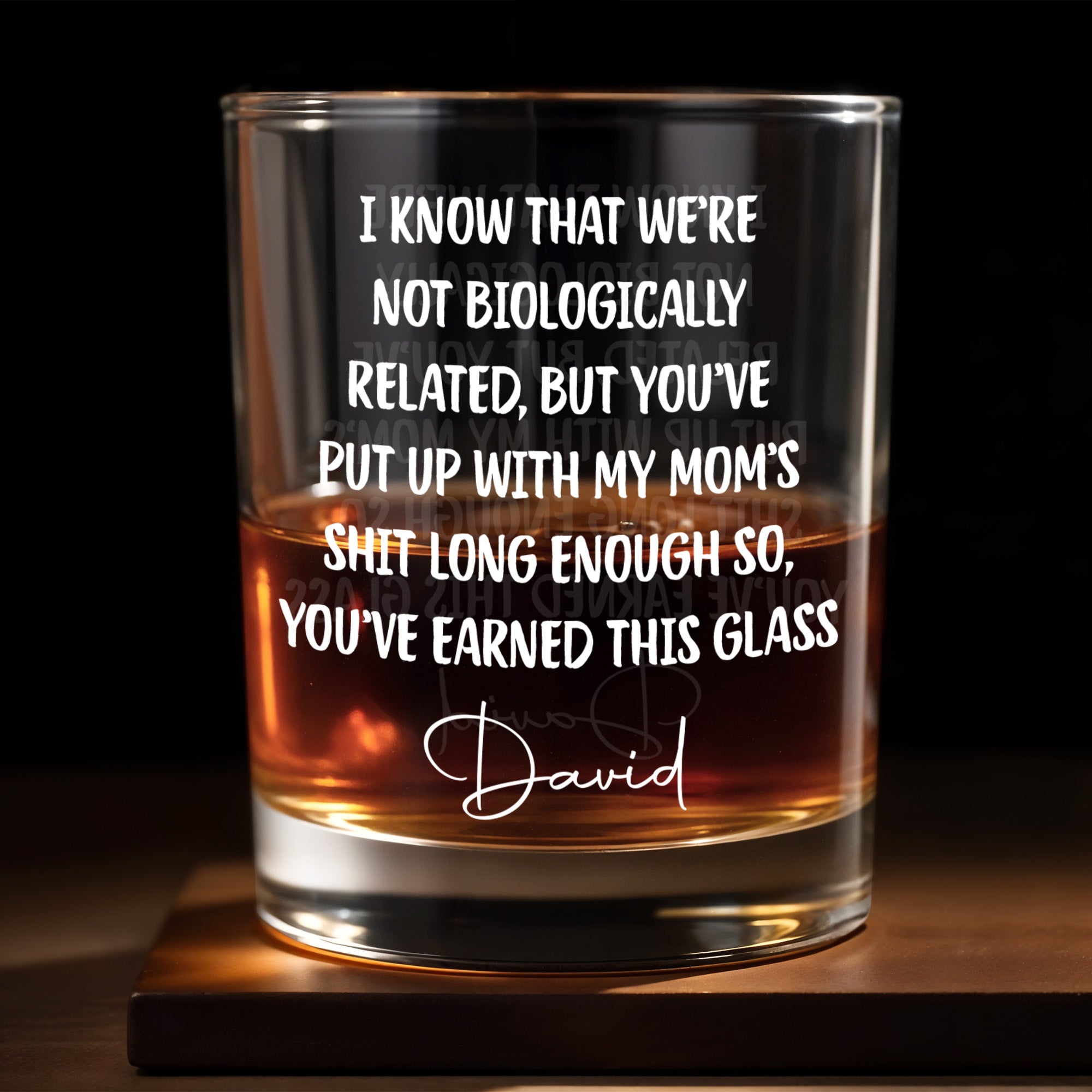 I Know That We're Not Biologically Related Custom Name Bonus Dad - Personalized Custom Whiskey Glass - DAD568_RWG