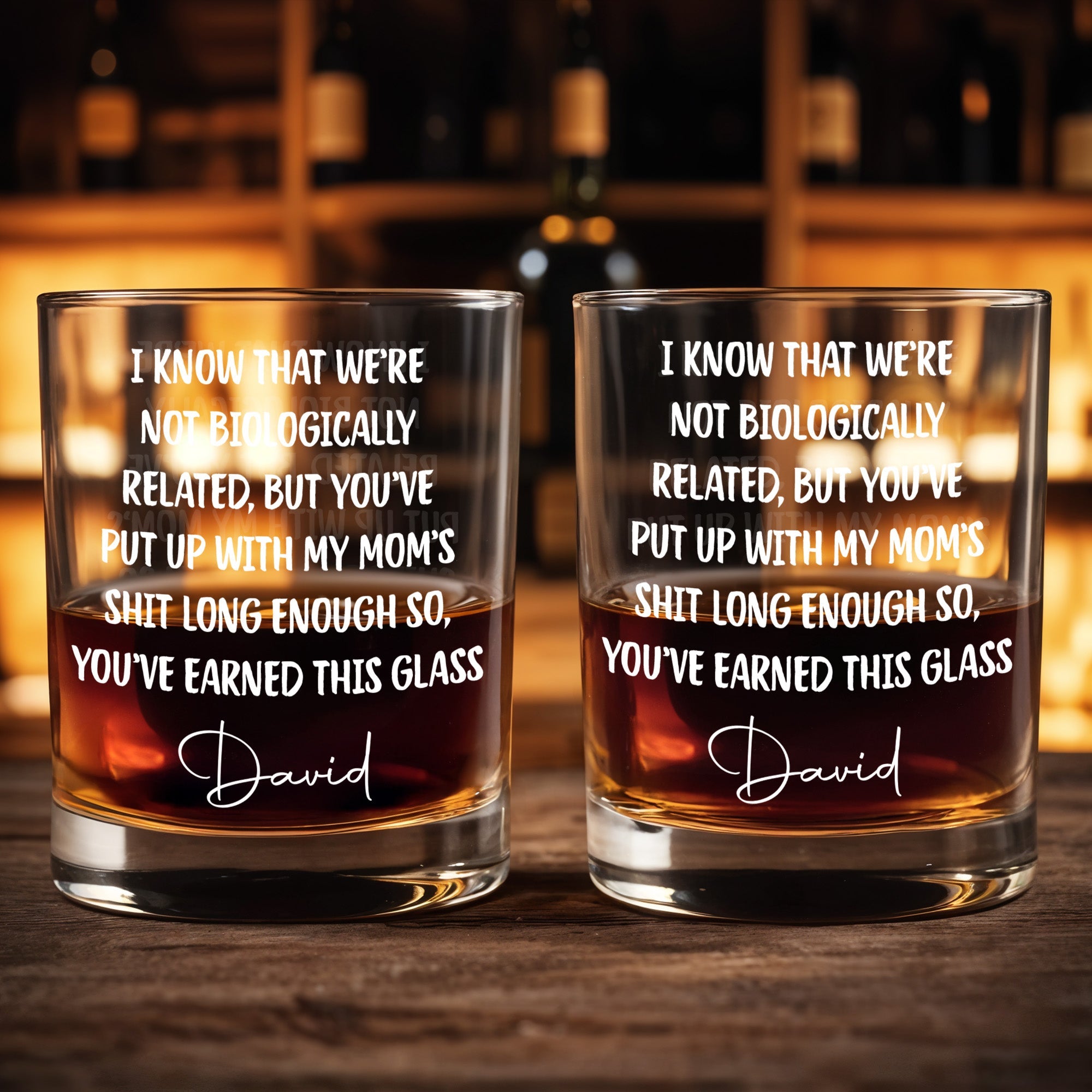 I Know That We're Not Biologically Related Custom Name Bonus Dad - Personalized Custom Whiskey Glass - DAD568_RWG