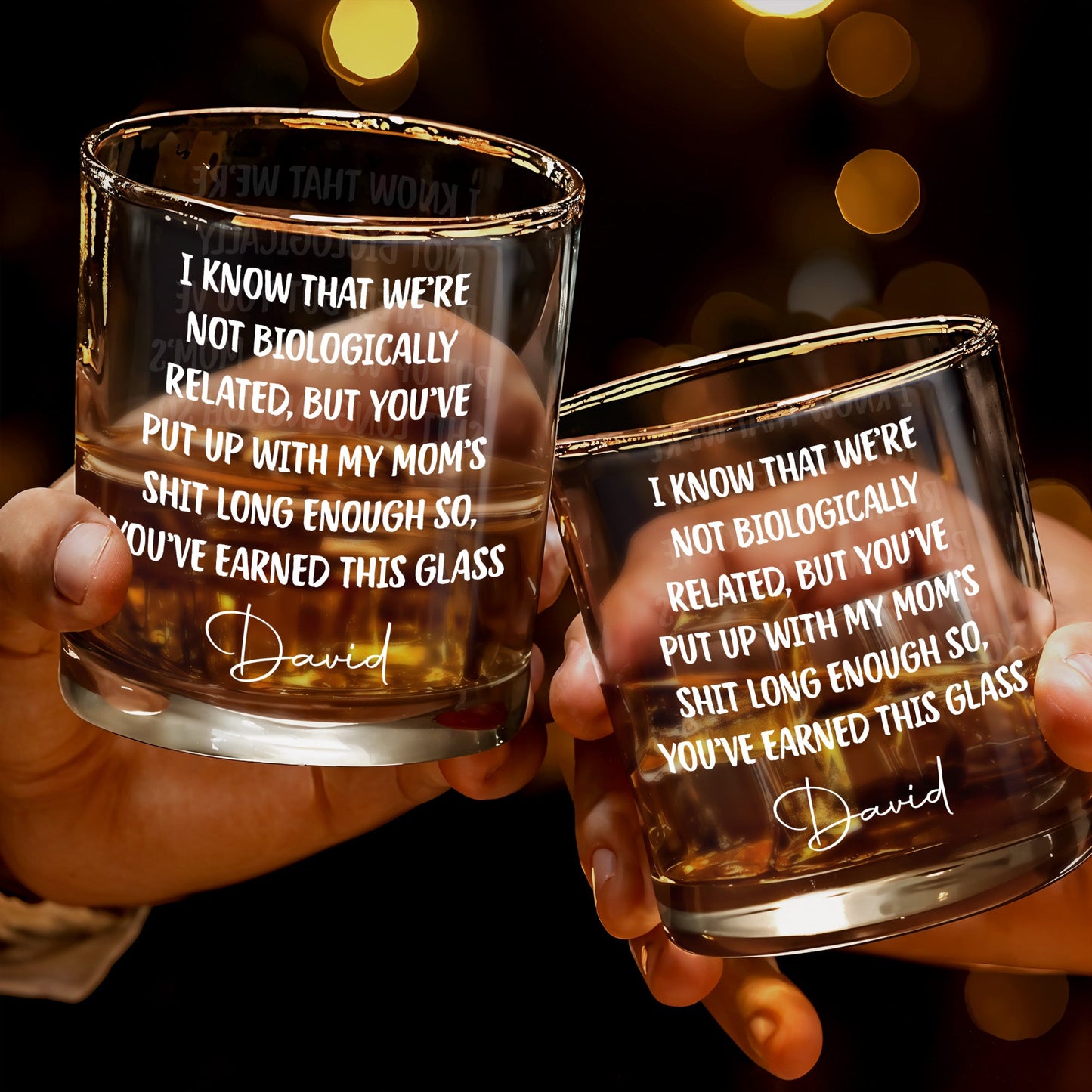 I Know That We're Not Biologically Related Custom Name Bonus Dad - Personalized Custom Whiskey Glass - DAD568_RWG