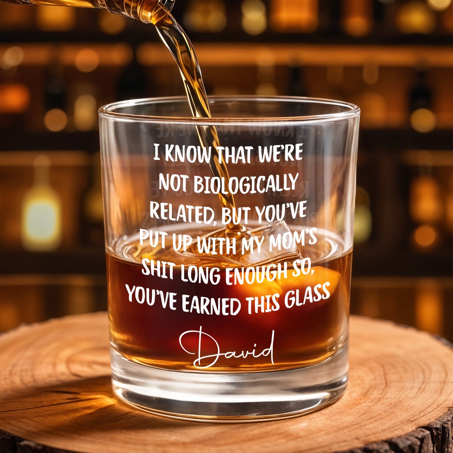 I Know That We're Not Biologically Related Custom Name Bonus Dad - Personalized Custom Whiskey Glass - DAD568_RWG