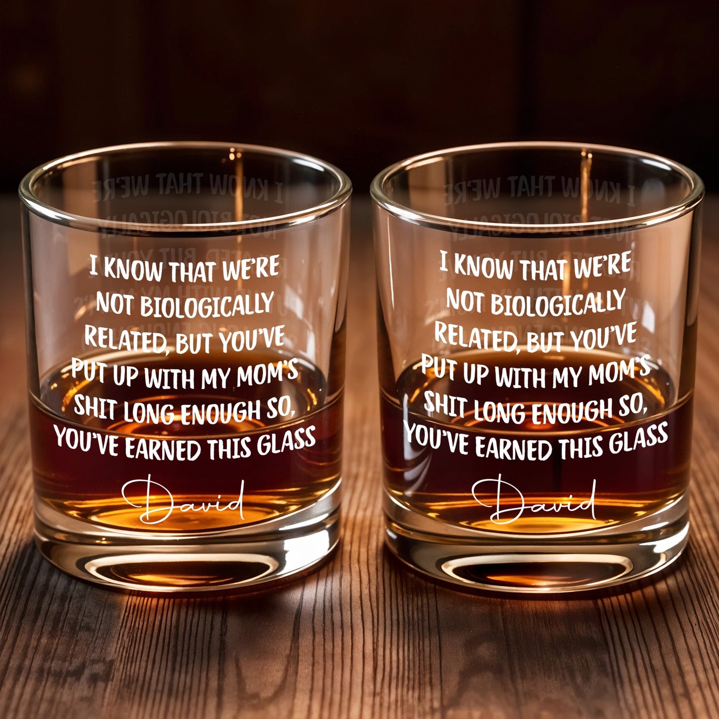 I Know That We're Not Biologically Related Custom Name Bonus Dad - Personalized Custom Whiskey Glass - DAD568_RWG