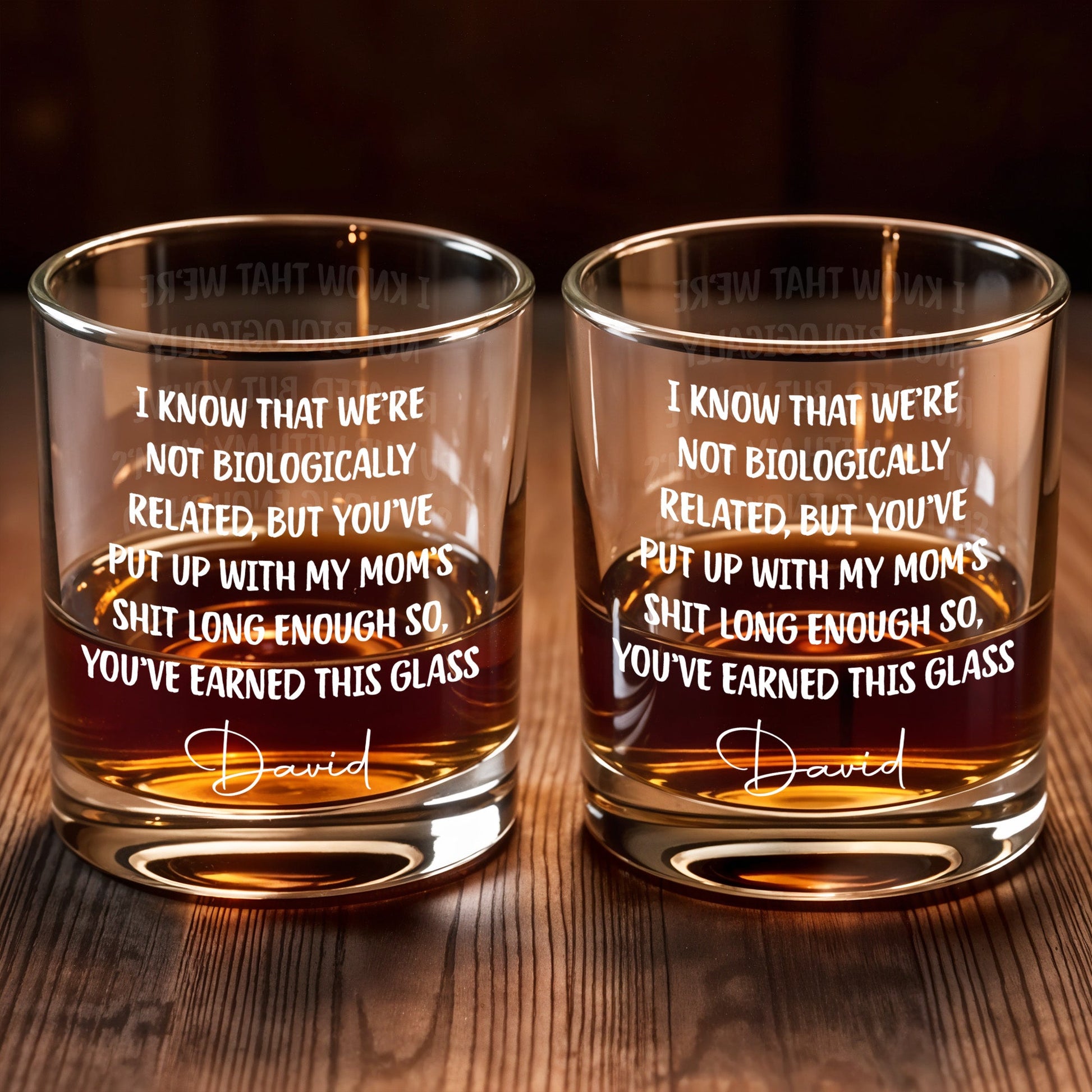 I Know That We're Not Biologically Related Custom Name Bonus Dad - Personalized Custom Whiskey Glass - DAD568_RWG