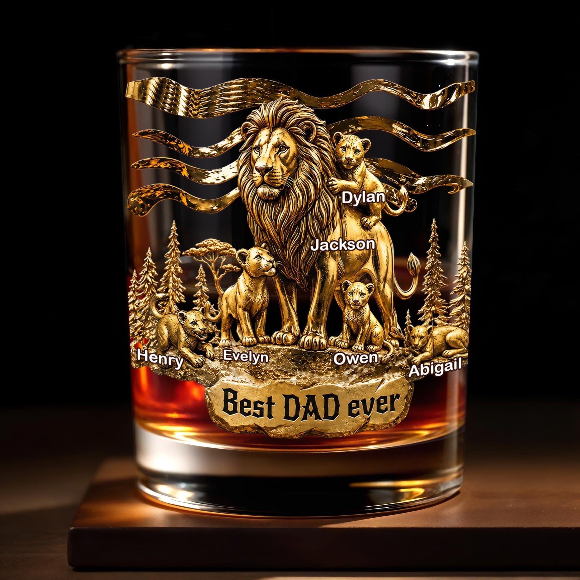 Best Dad Ever Lion Pride With Cubs 3D Gold Art - Personalized Custom Whiskey Glass - DAD575_RWG