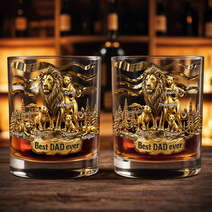 Best Dad Ever Lion Pride With Cubs 3D Gold Art - Personalized Custom Whiskey Glass - DAD575_RWG
