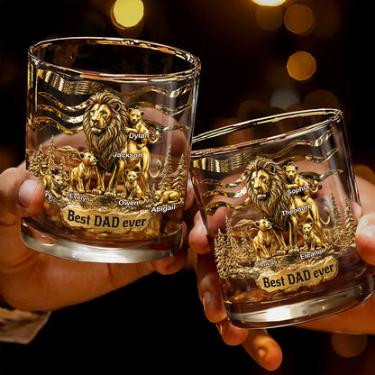 Best Dad Ever Lion Pride With Cubs 3D Gold Art - Personalized Custom Whiskey Glass - DAD575_RWG