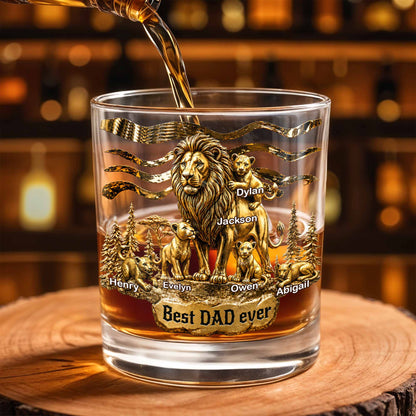 Best Dad Ever Lion Pride With Cubs 3D Gold Art - Personalized Custom Whiskey Glass - DAD575_RWG