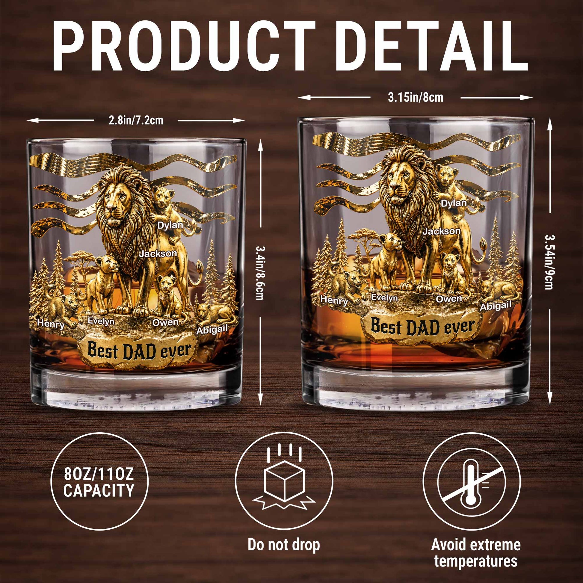 Best Dad Ever Lion Pride With Cubs 3D Gold Art - Personalized Custom Whiskey Glass - DAD575_RWG