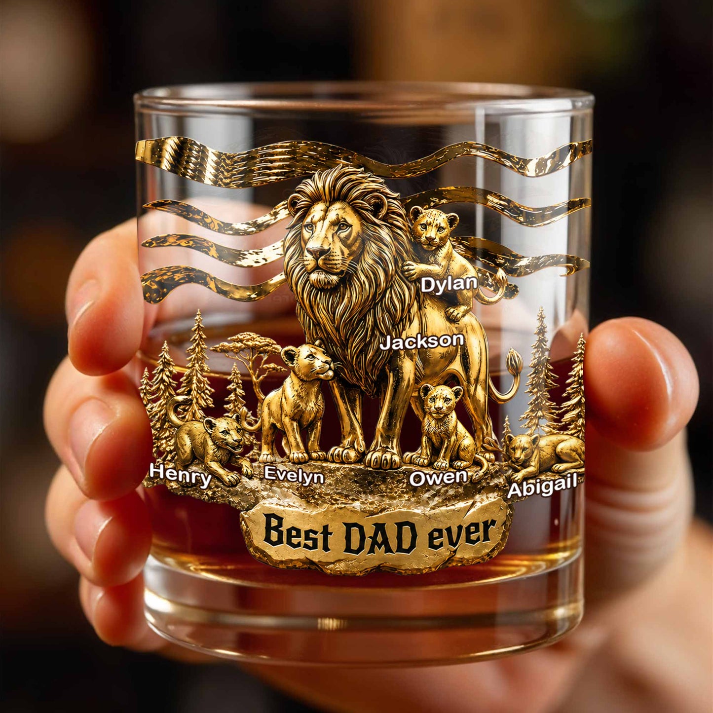 Best Dad Ever Lion Pride With Cubs 3D Gold Art - Personalized Custom Whiskey Glass - DAD575_RWG