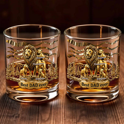 Best Dad Ever Lion Pride With Cubs 3D Gold Art - Personalized Custom Whiskey Glass - DAD575_RWG