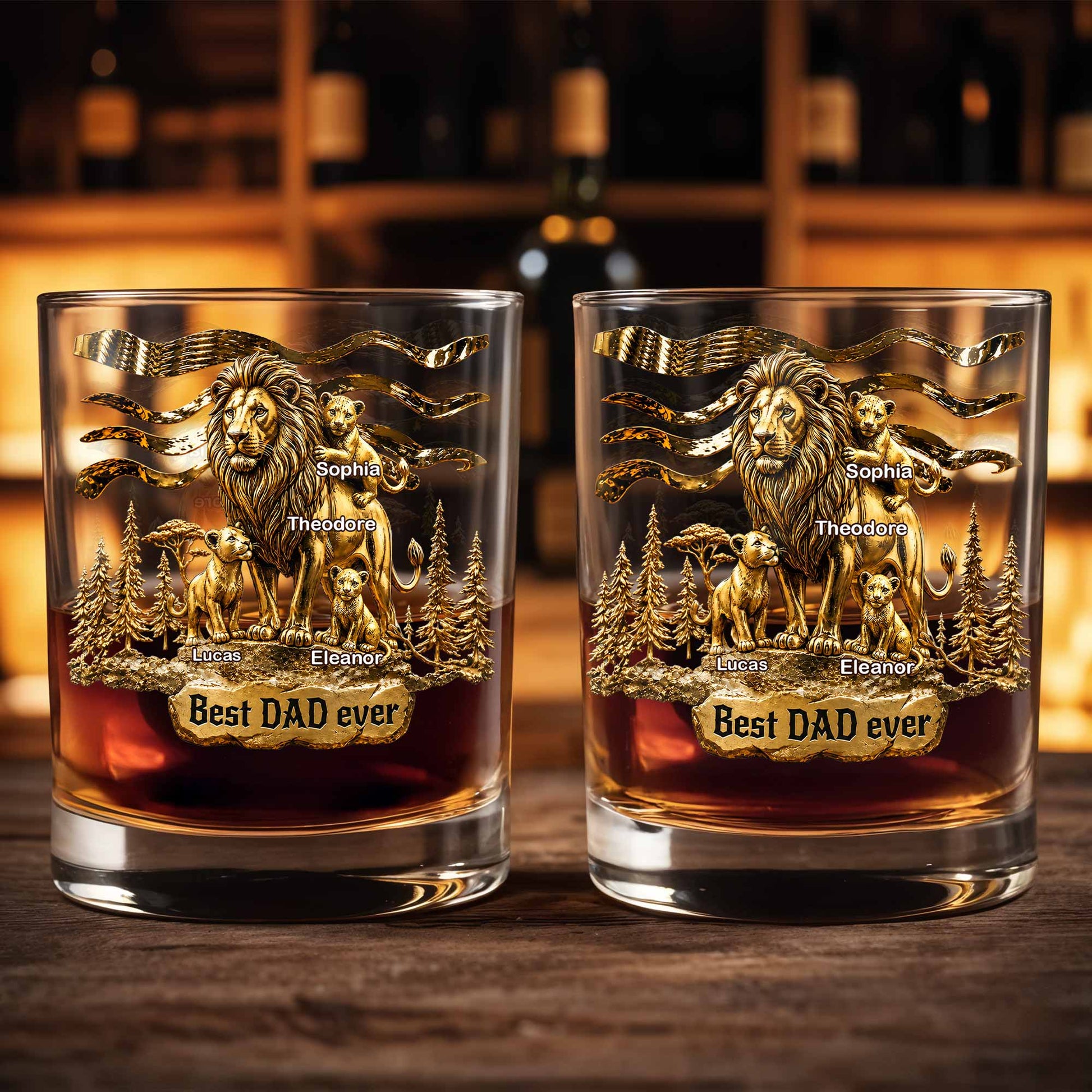 Best Dad Ever Lion Pride With Cubs 3D Gold Art - Personalized Custom Whiskey Glass - DAD575_RWG