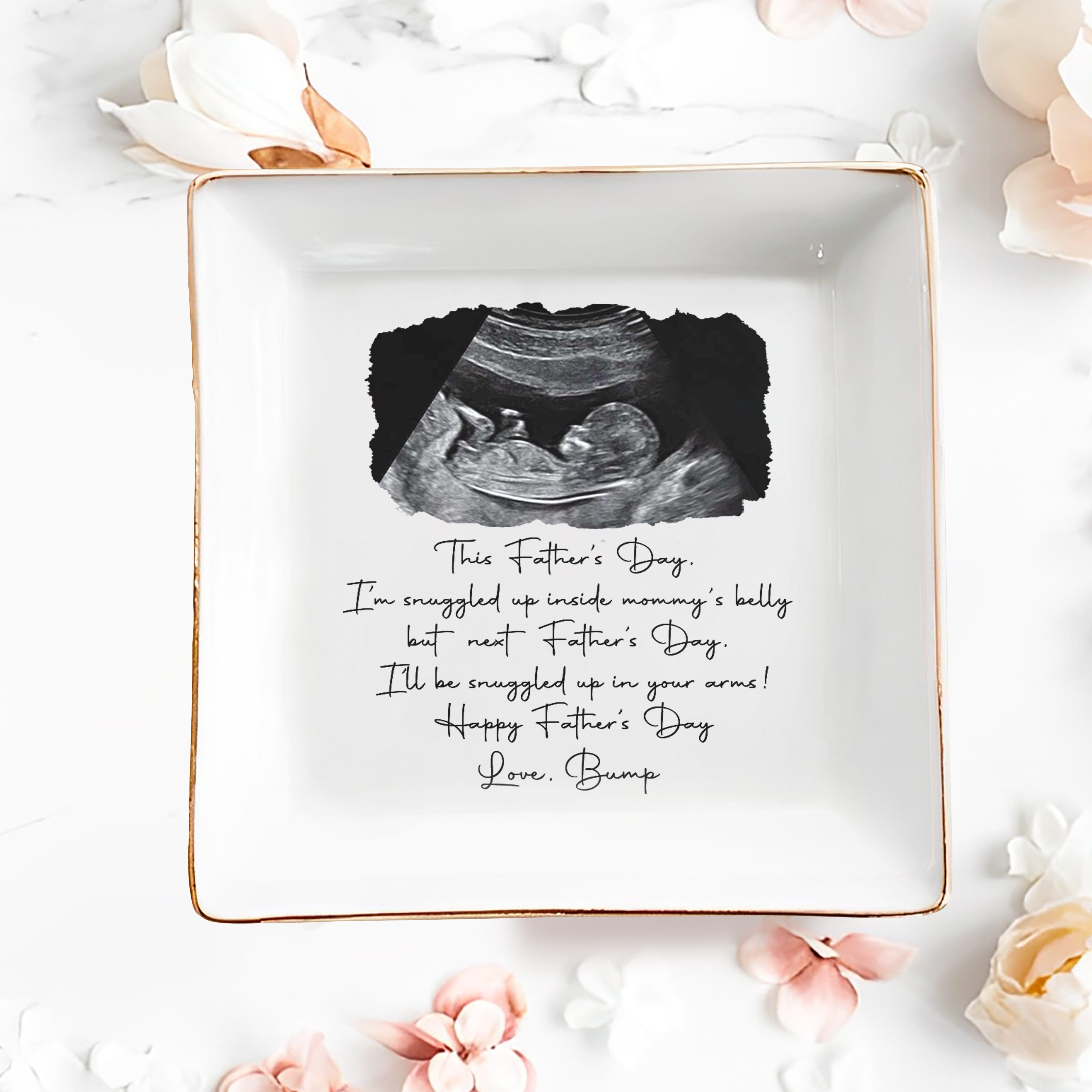 This Father's Day Snuggled Up Ultrasound Photo Baby Bump - Personalized Custom Jewelry Dish, Square Ceramic Dish - DAD578_SCRD