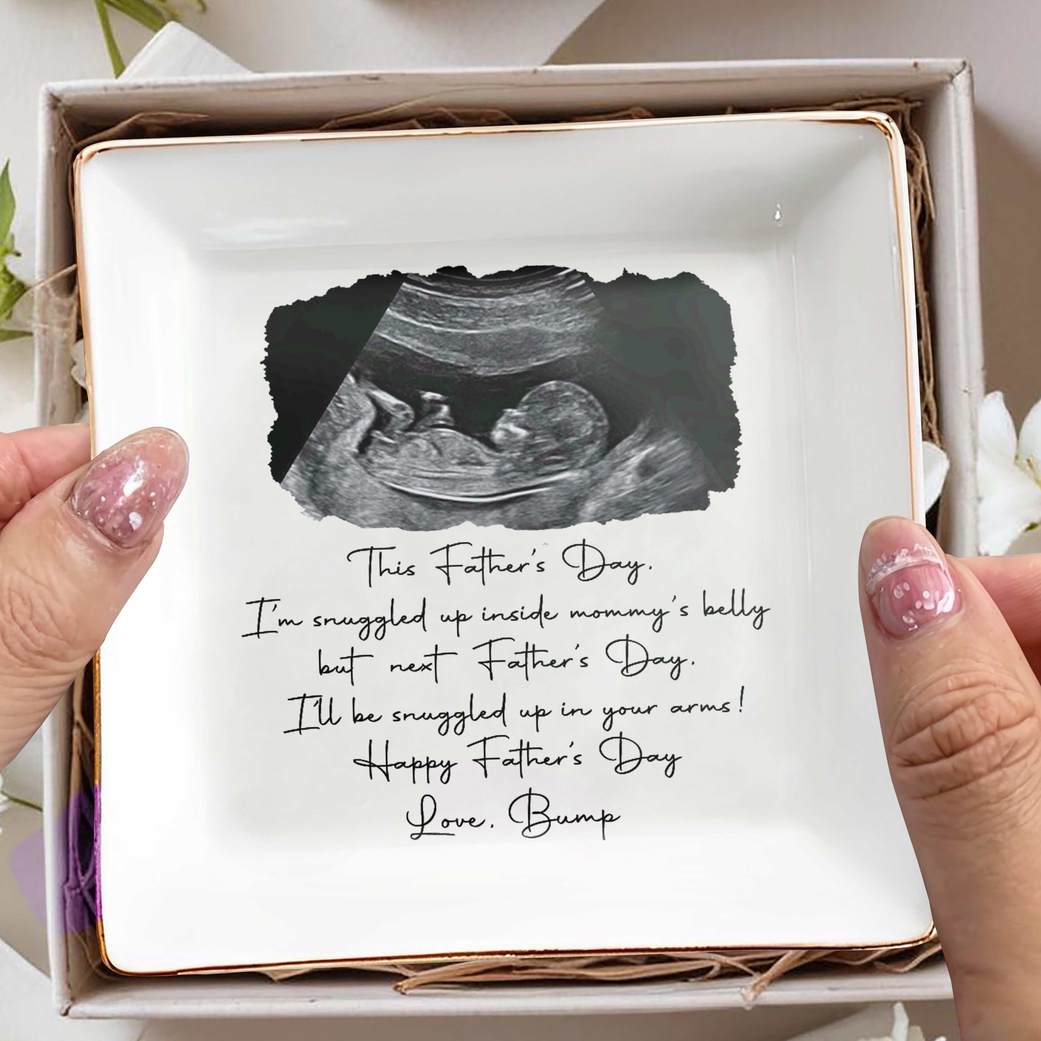This Father's Day Snuggled Up Ultrasound Photo Baby Bump - Personalized Custom Jewelry Dish, Square Ceramic Dish - DAD578_SCRD
