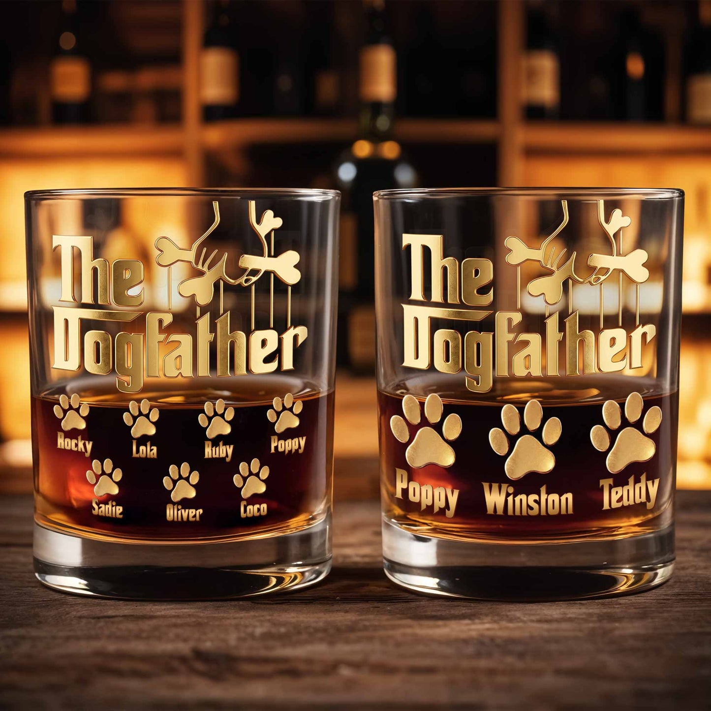 The Dogfather With Paws And Bones Design - Personalized Custom Whiskey Glass - DAD585_RWG