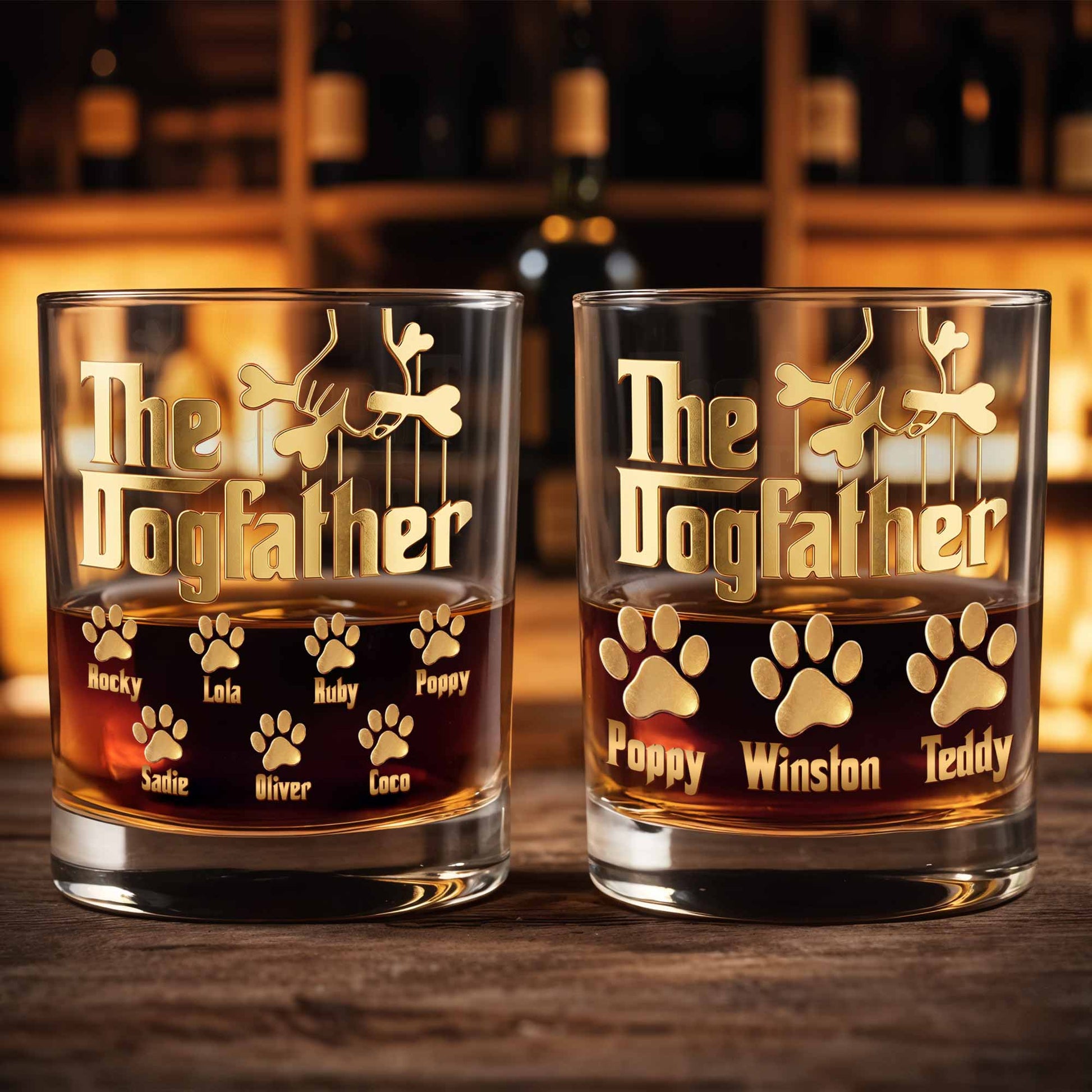 The Dogfather With Paws And Bones Design - Personalized Custom Whiskey Glass - DAD585_RWG