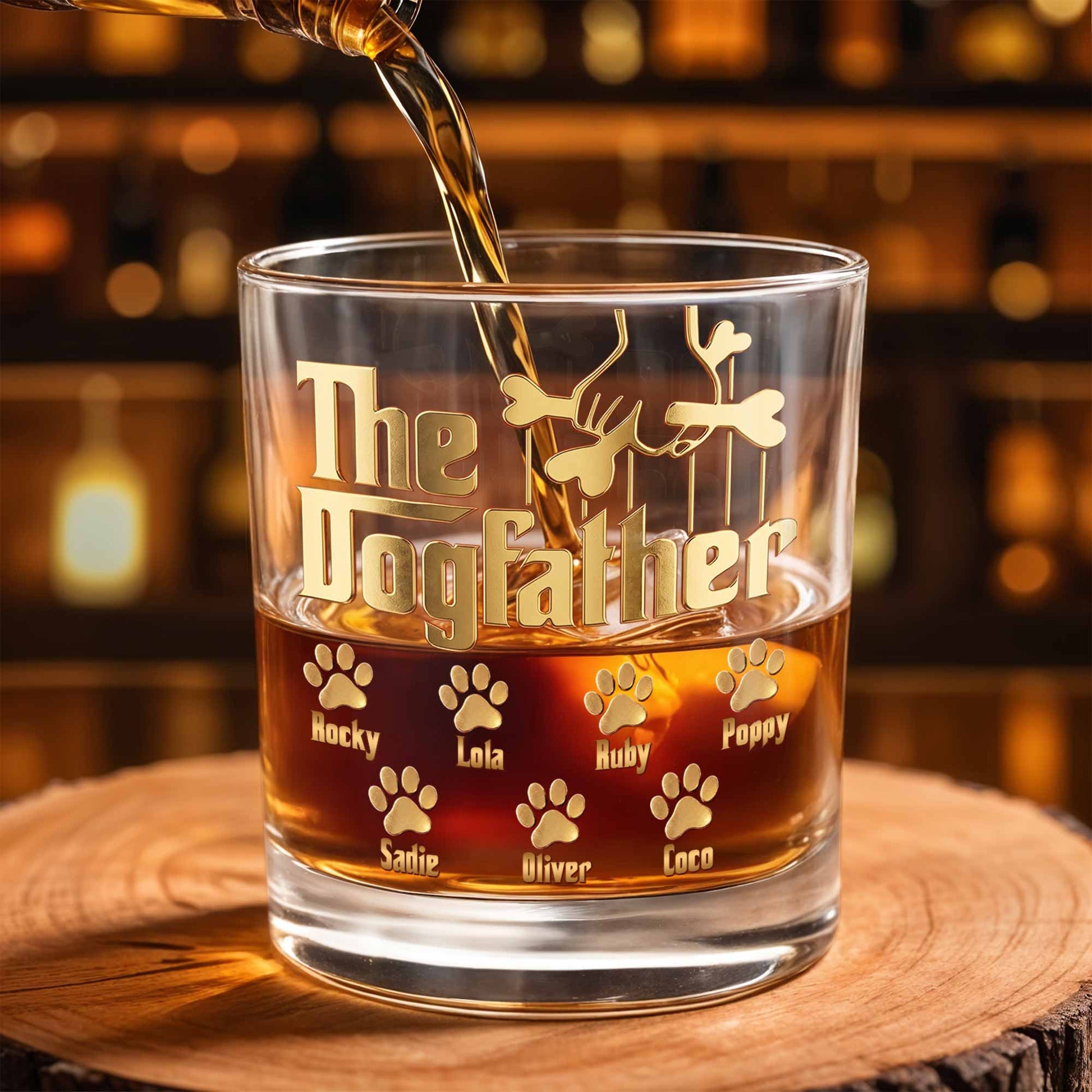 The Dogfather With Paws And Bones Design - Personalized Custom Whiskey Glass - DAD585_RWG