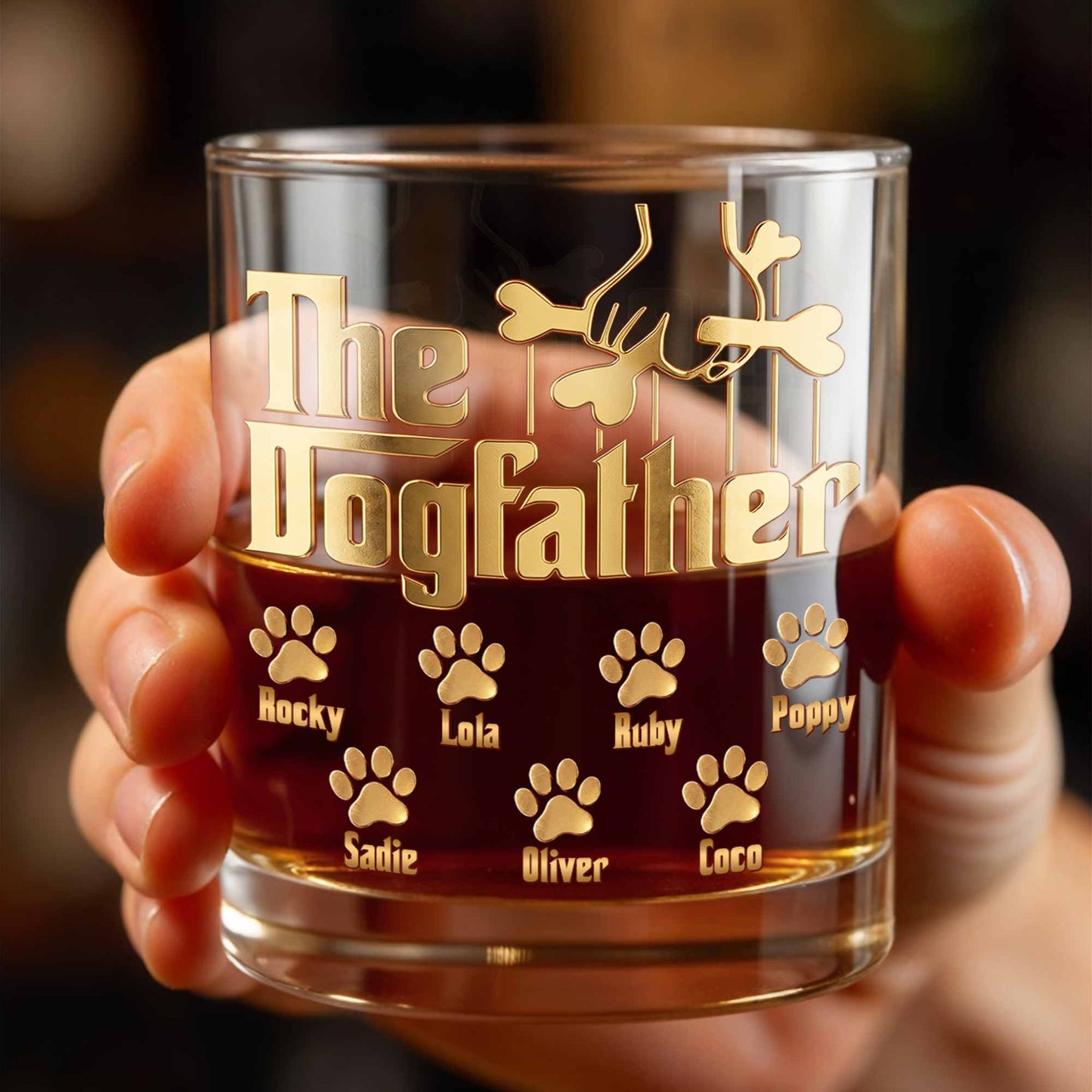 The Dogfather With Paws And Bones Design - Personalized Custom Whiskey Glass - DAD585_RWG