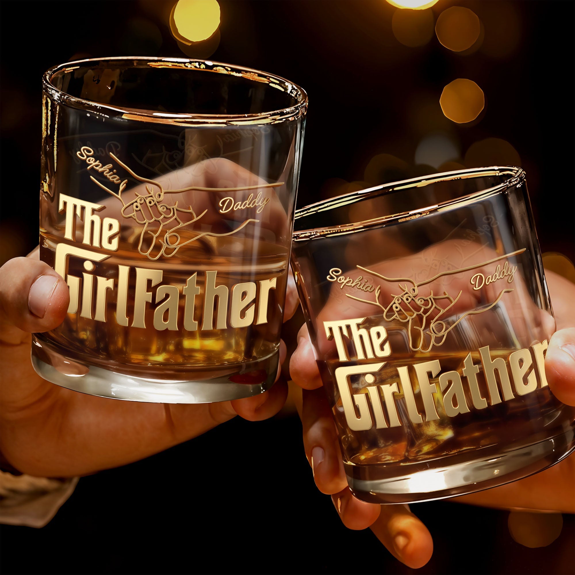 The Girl Father With Holding Hands Pinky Swear Design - Personalized Custom Whiskey Glass - DAD586_RWG
