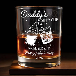 Daddy's Sippy Cup Happy Father's Day Baby Bottle And Whiskey Glass - Personalized Custom Whiskey Glass - DAD587_RWG