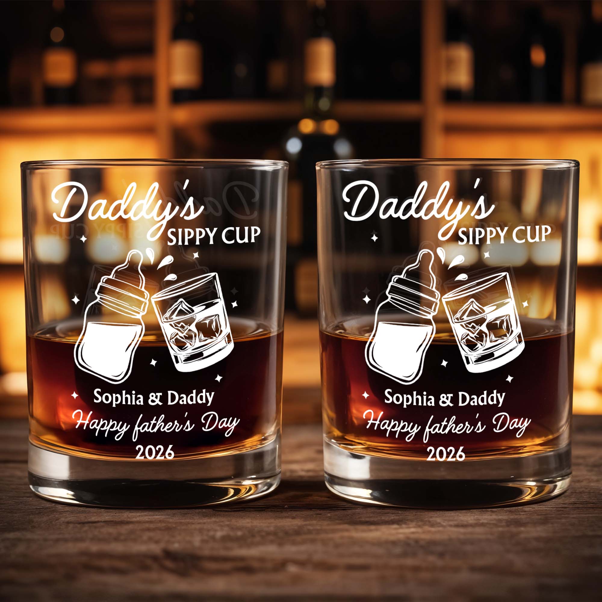 Daddy's Sippy Cup Happy Father's Day Baby Bottle And Whiskey Glass - Personalized Custom Whiskey Glass - DAD587_RWG