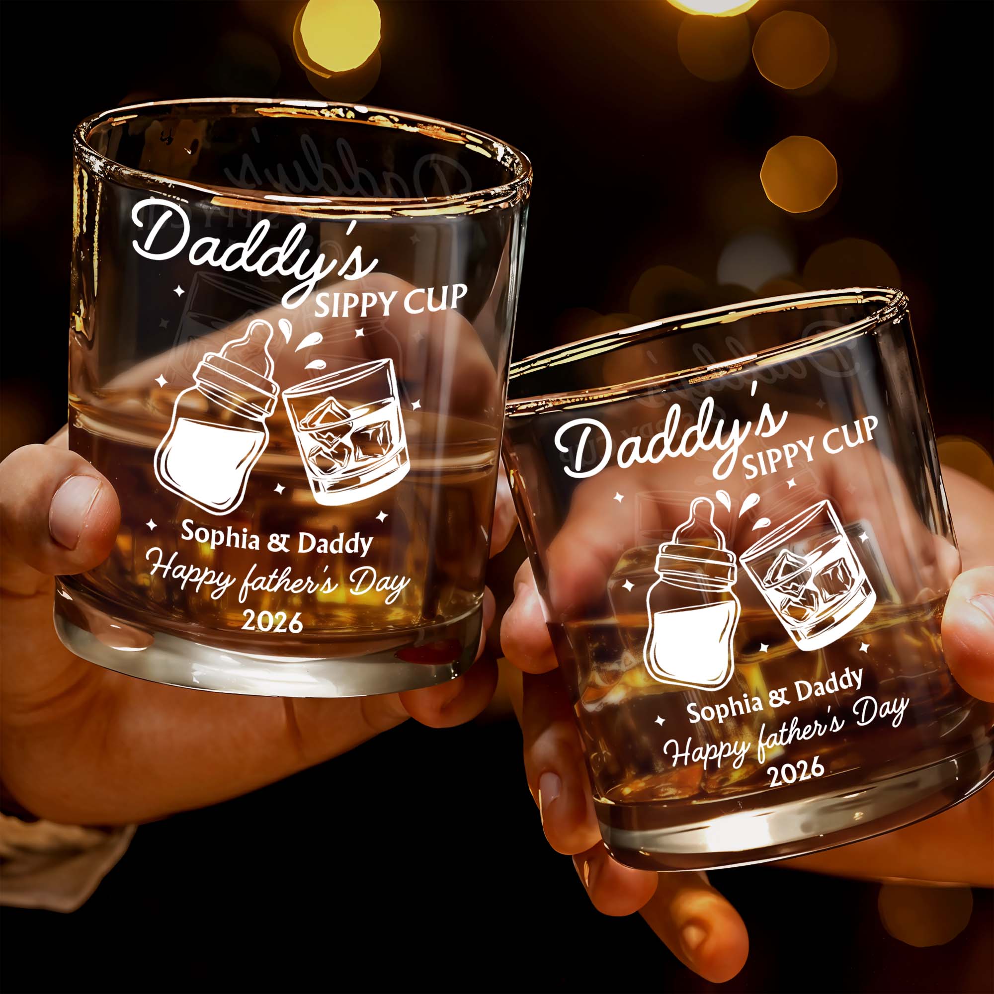 Daddy's Sippy Cup Happy Father's Day Baby Bottle And Whiskey Glass - Personalized Custom Whiskey Glass - DAD587_RWG
