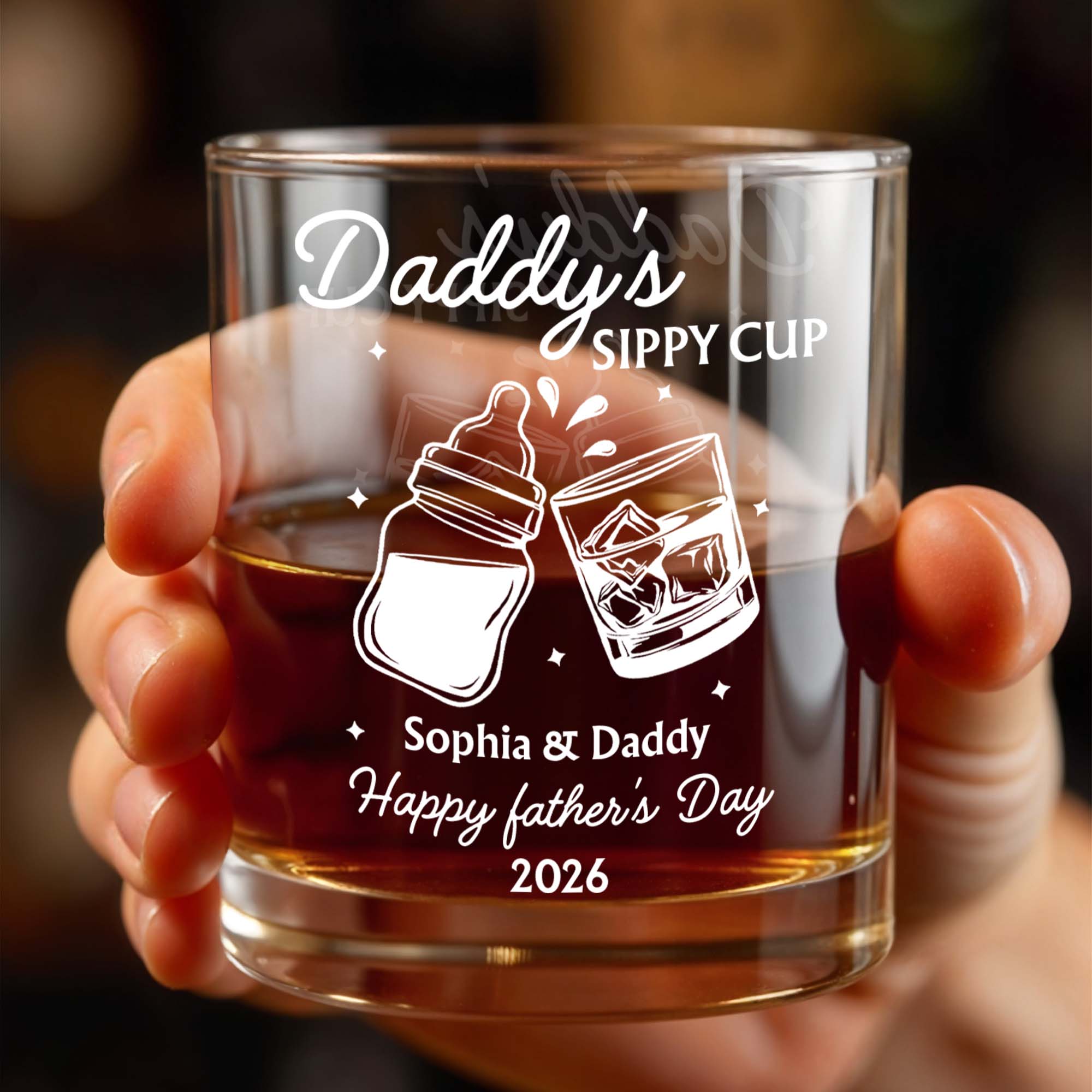Daddy's Sippy Cup Happy Father's Day Baby Bottle And Whiskey Glass - Personalized Custom Whiskey Glass - DAD587_RWG