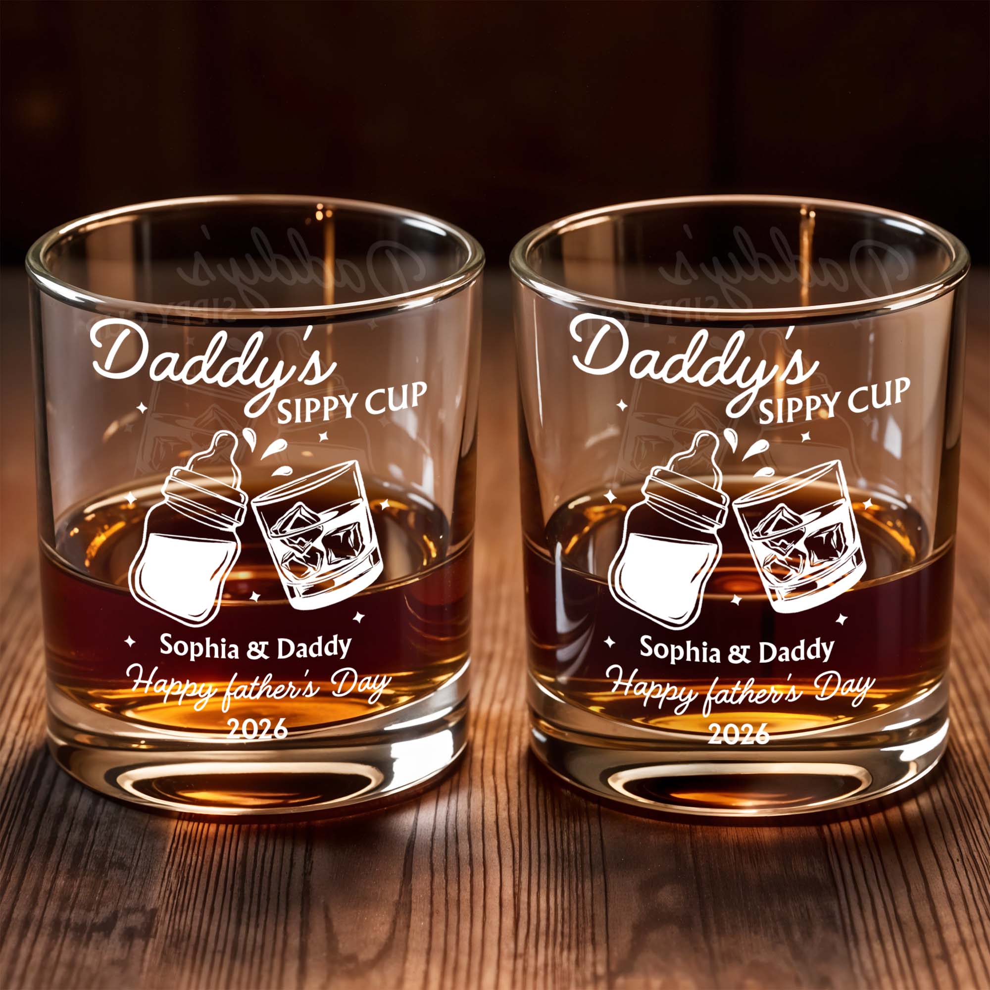 Daddy's Sippy Cup Happy Father's Day Baby Bottle And Whiskey Glass - Personalized Custom Whiskey Glass - DAD587_RWG