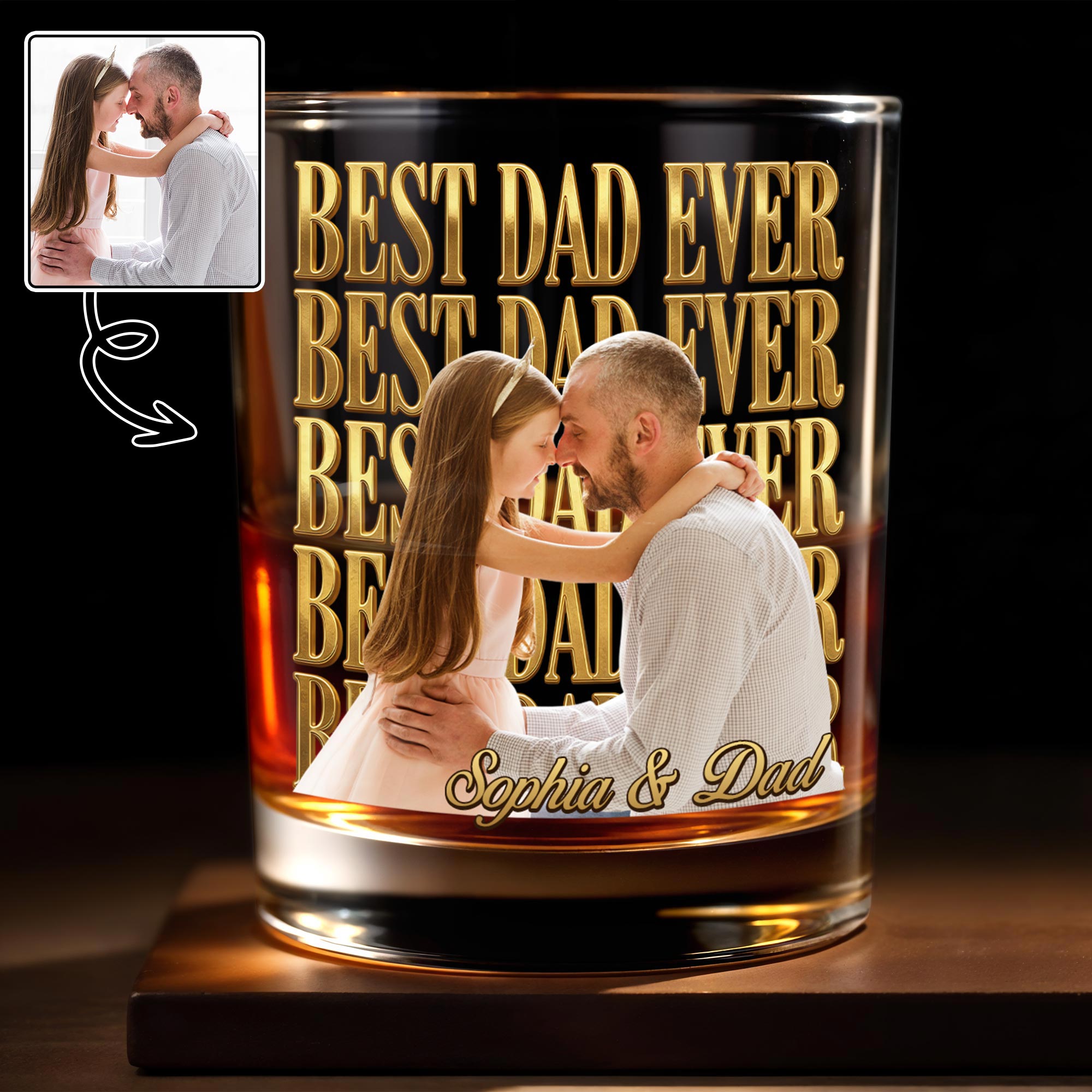 Best Dad Ever Custom Photo And Gold Lettering - Personalized Custom Whiskey Glass - DAD603_RWG