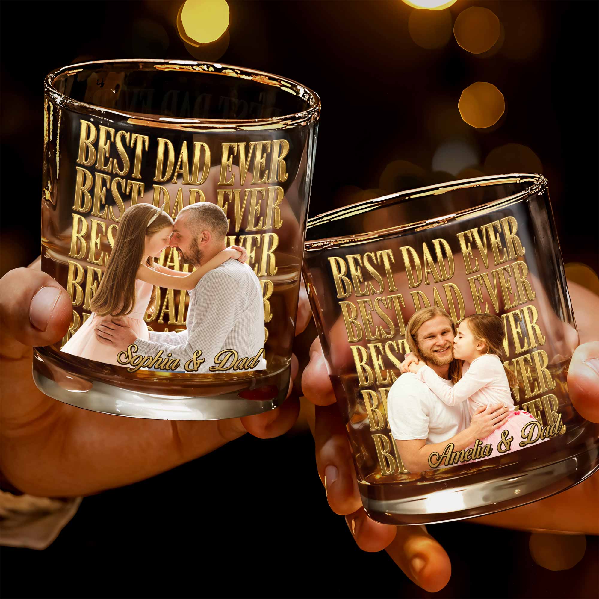 Best Dad Ever Custom Photo And Gold Lettering - Personalized Custom Whiskey Glass - DAD603_RWG