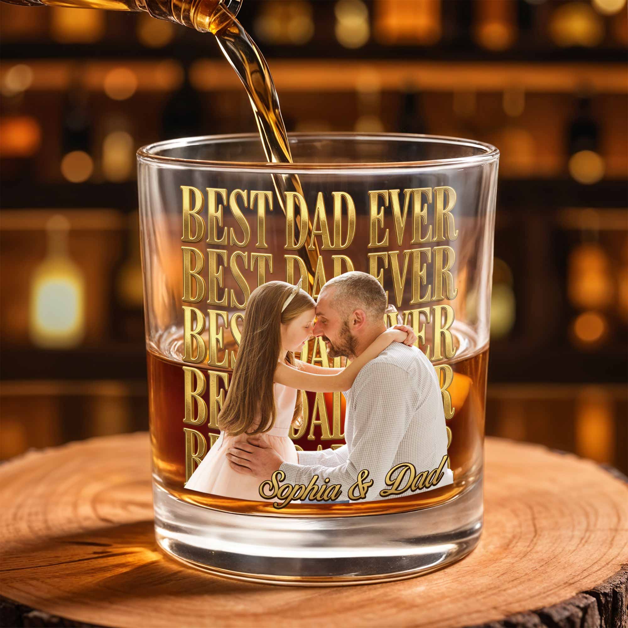 Best Dad Ever Custom Photo And Gold Lettering - Personalized Custom Whiskey Glass - DAD603_RWG
