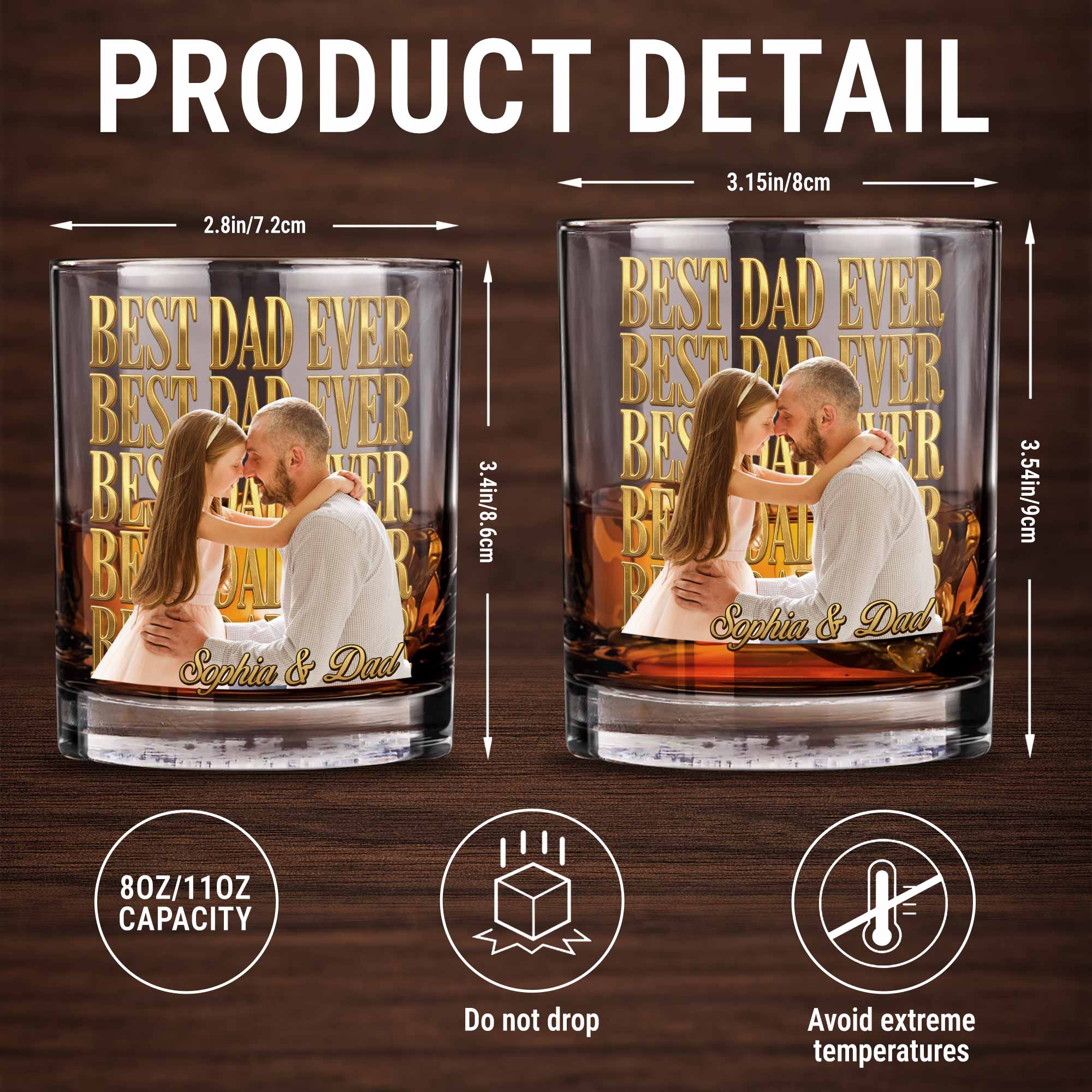 Best Dad Ever Custom Photo And Gold Lettering - Personalized Custom Whiskey Glass - DAD603_RWG