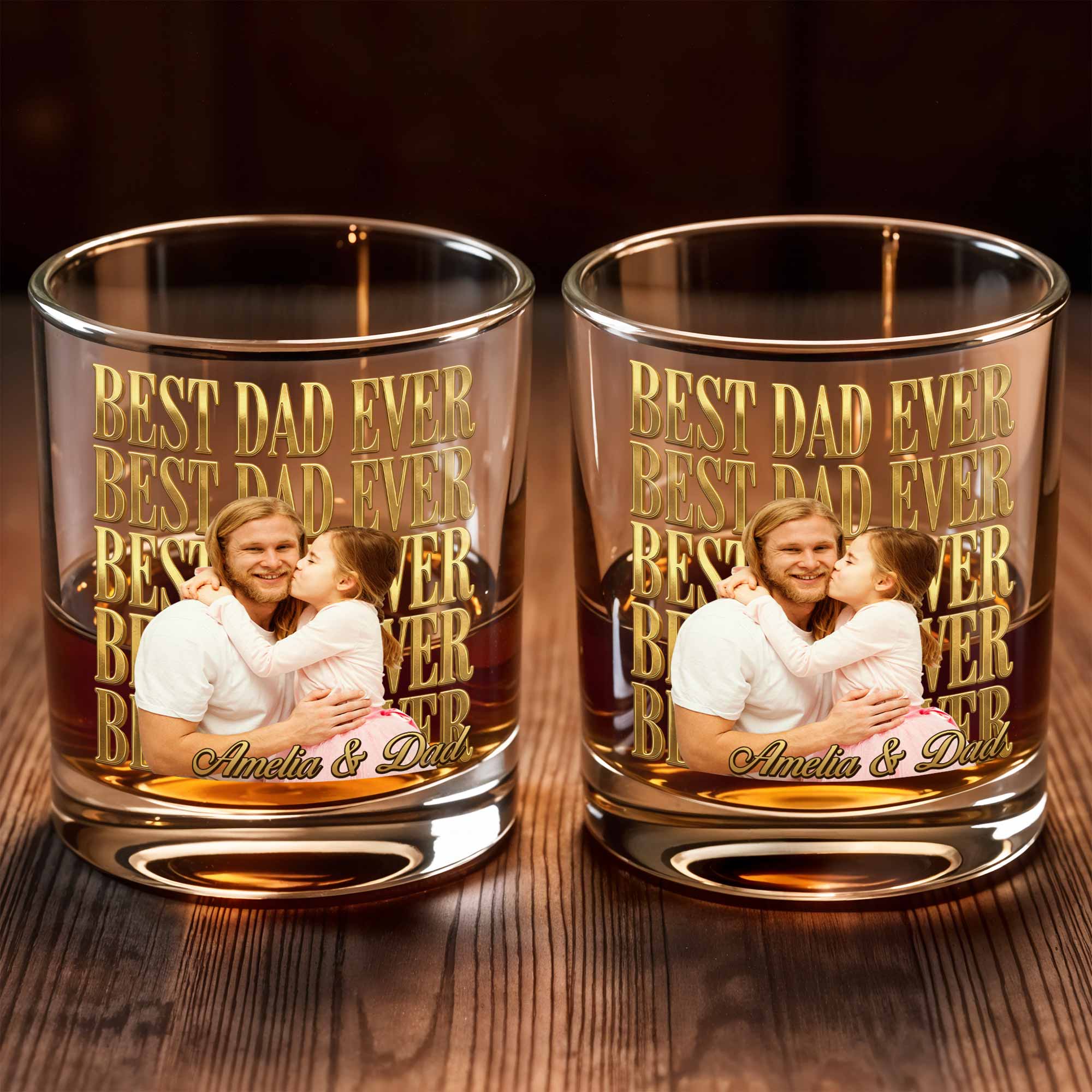 Best Dad Ever Custom Photo And Gold Lettering - Personalized Custom Whiskey Glass - DAD603_RWG