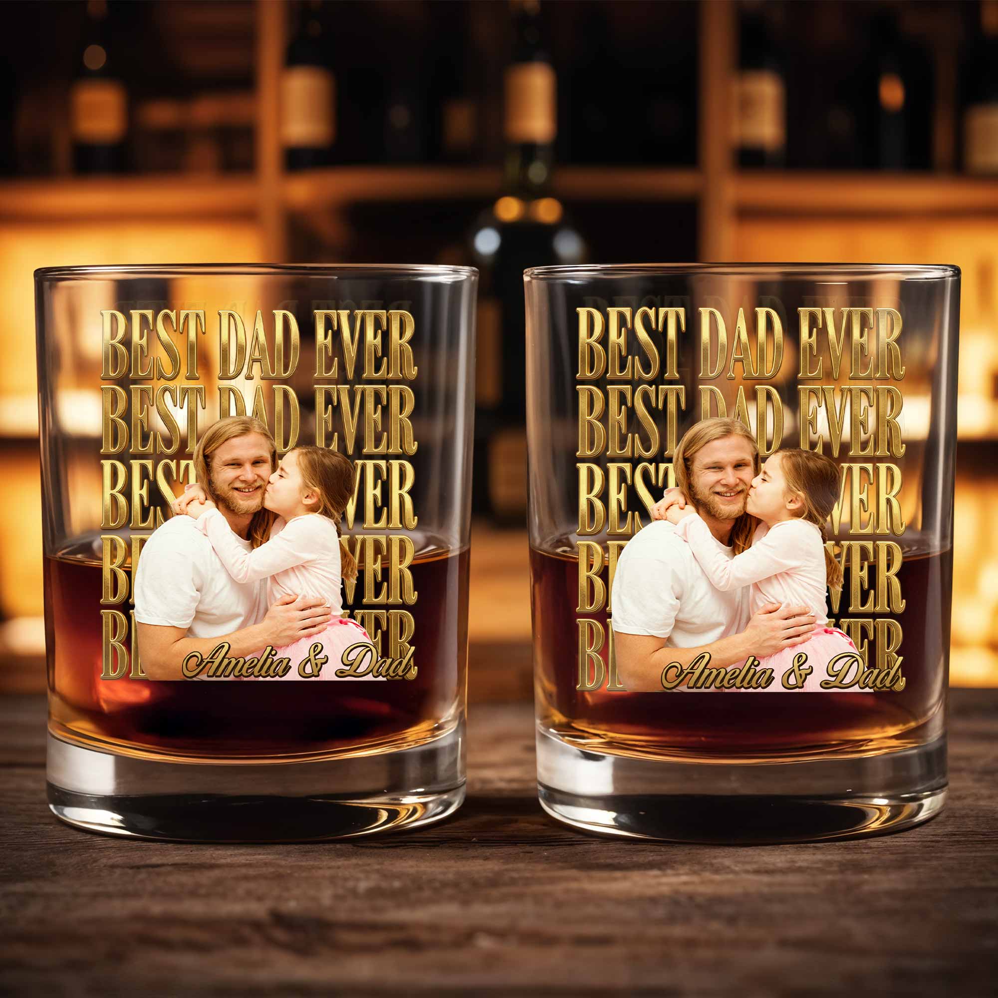 Best Dad Ever Custom Photo And Gold Lettering - Personalized Custom Whiskey Glass - DAD603_RWG