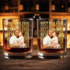 Best Dad Ever Custom Photo And Gold Lettering - Personalized Custom Whiskey Glass - DAD603_RWG