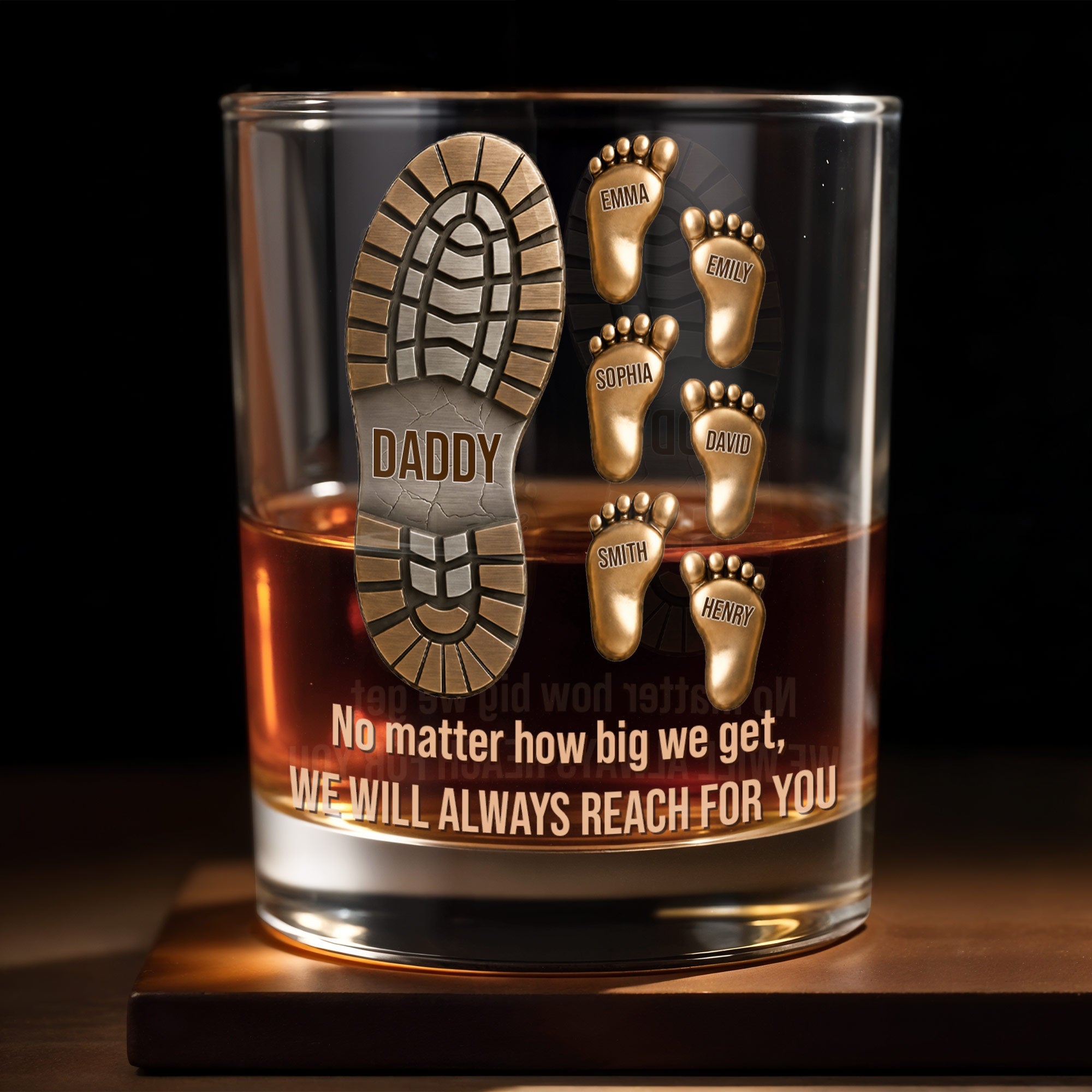 No Matter How Big We Get, Daddy Boot And Baby Footprints - Personalized Custom Whiskey Glass - DAD617_RWG