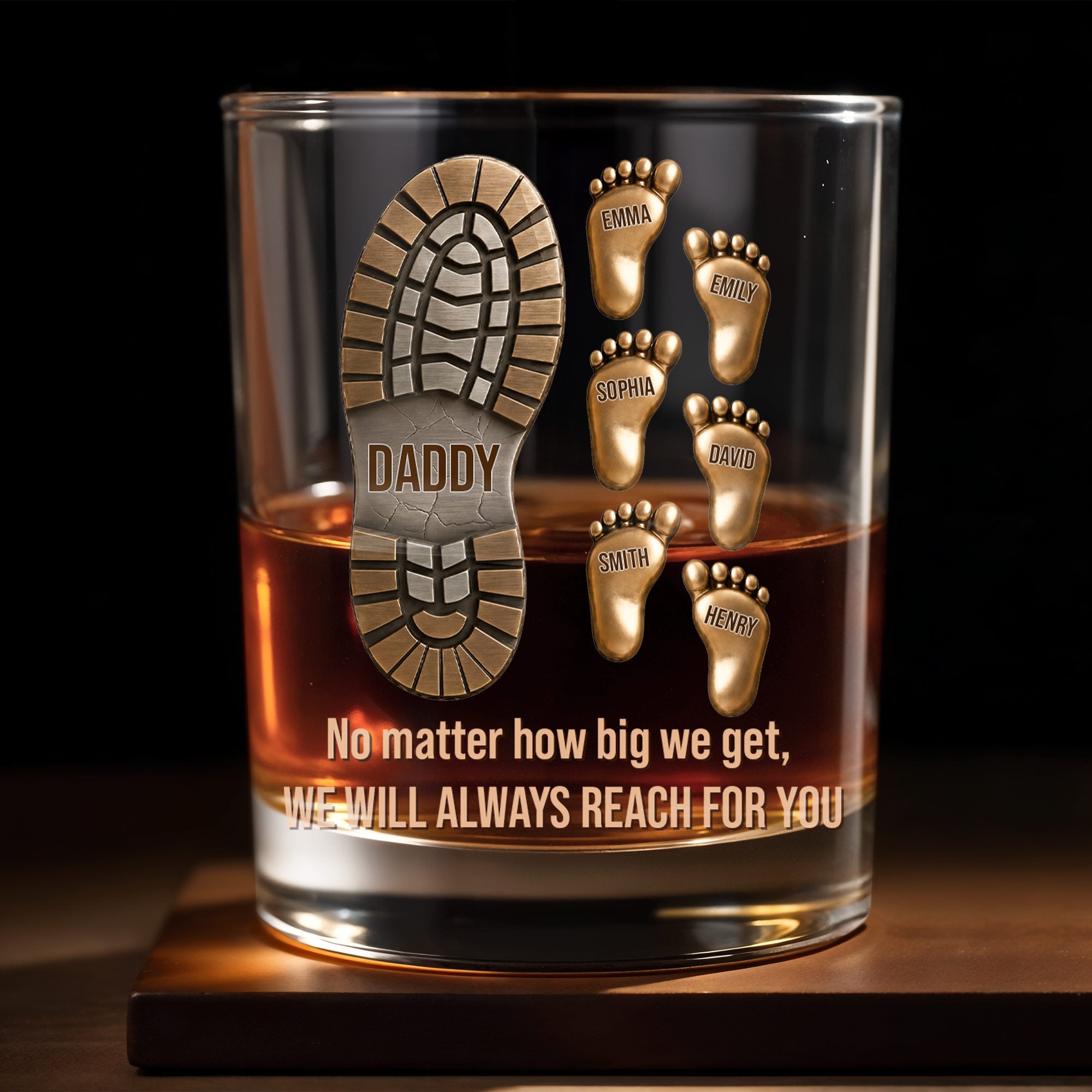 No Matter How Big We Get, Daddy Boot And Baby Footprints - Personalized Custom Whiskey Glass - DAD617_RWG