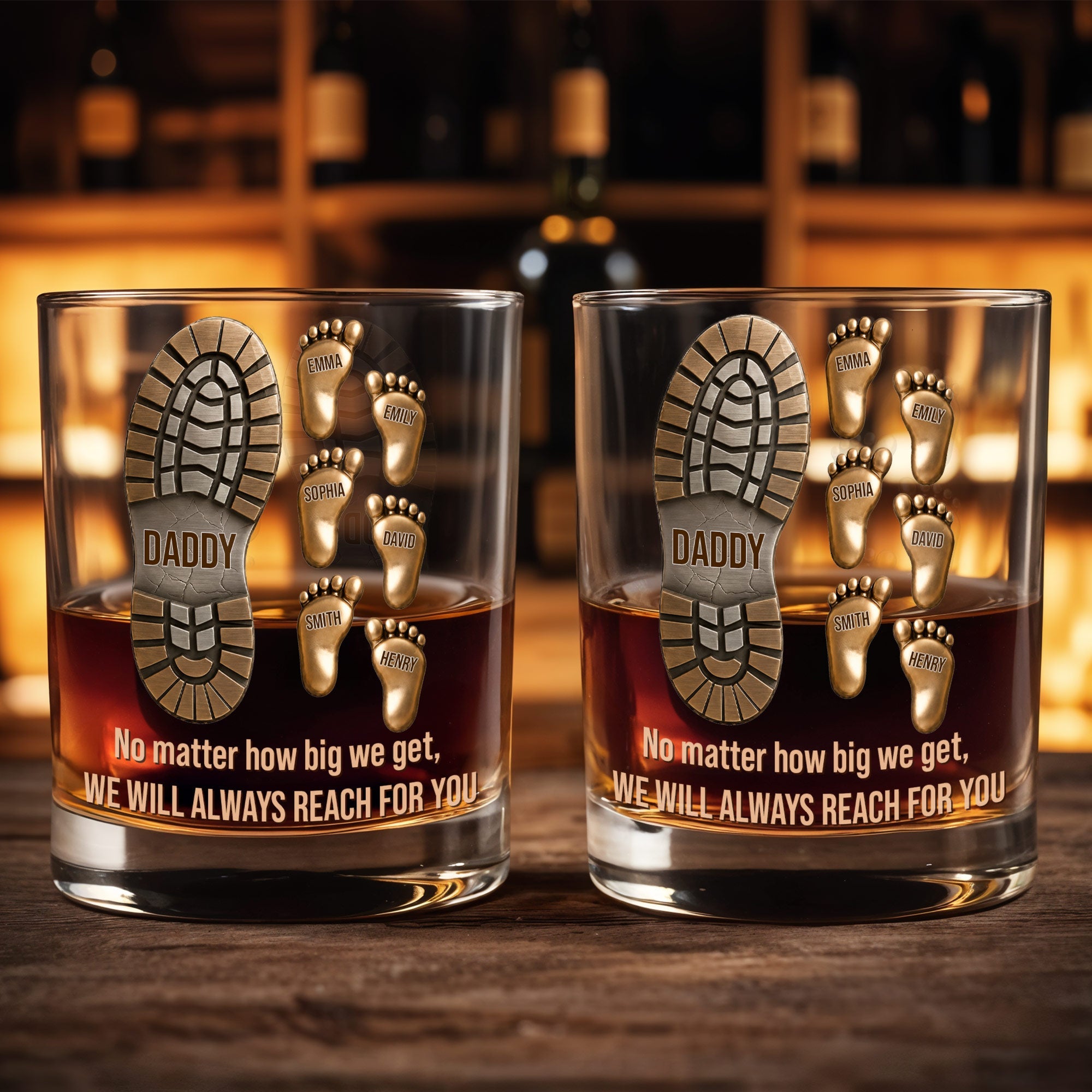 No Matter How Big We Get, Daddy Boot And Baby Footprints - Personalized Custom Whiskey Glass - DAD617_RWG